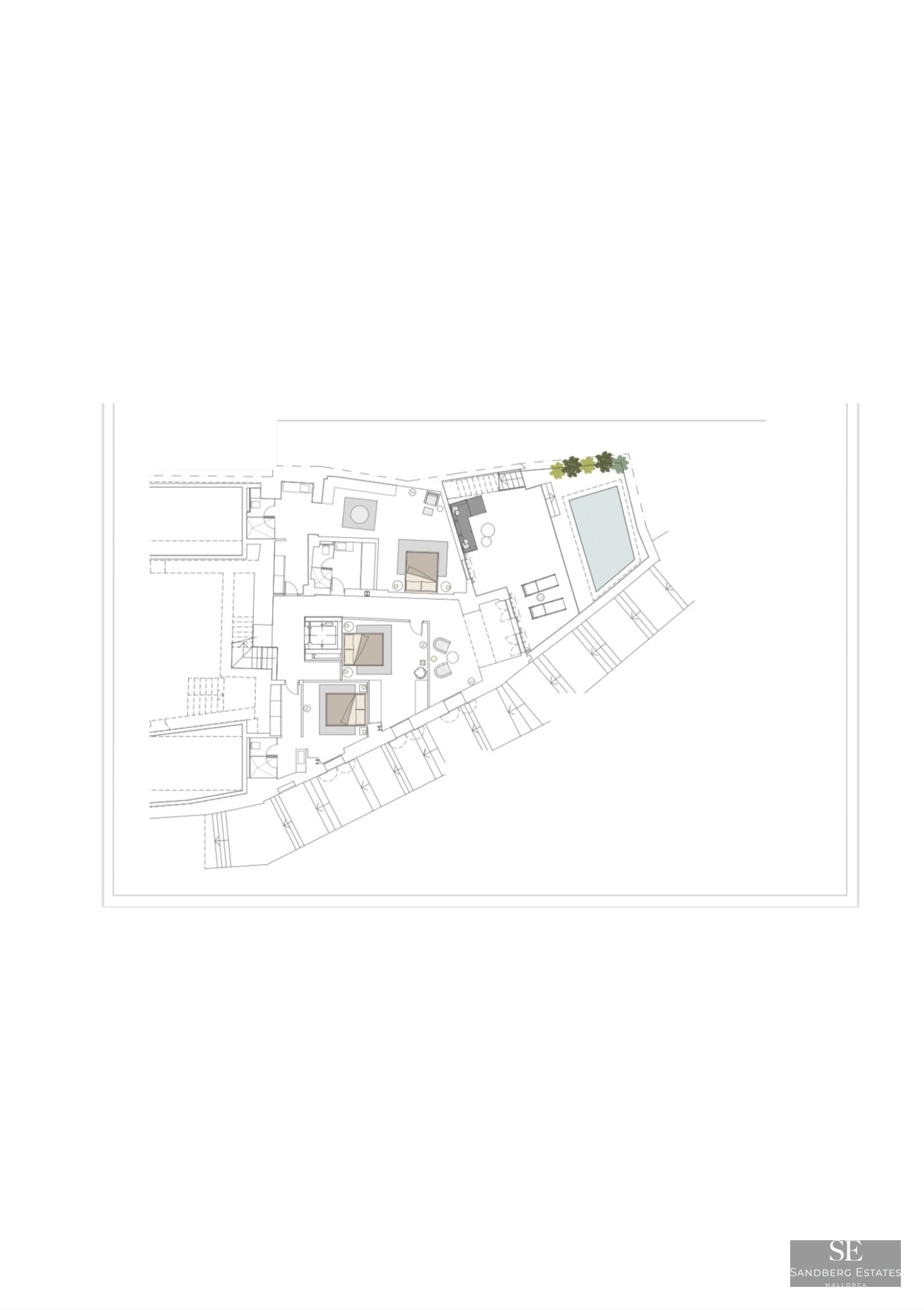 View of a luxurious pool surrounded by a modern villa with large windows and lush vegetation. Minimalist design and high-quality finishes.