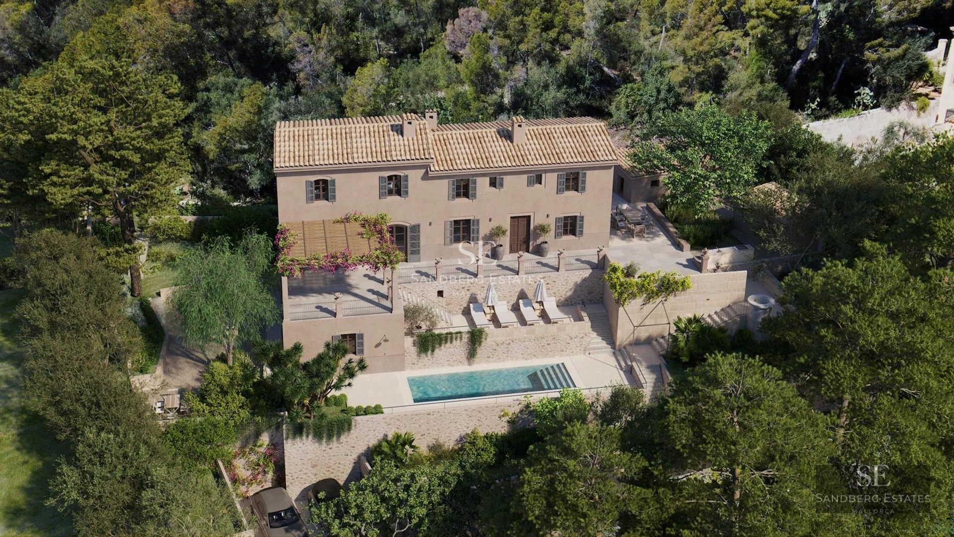 Exterior view of a modern house with a pool, minimalist architecture, large garden, and landscaping. Luxury and comfort.