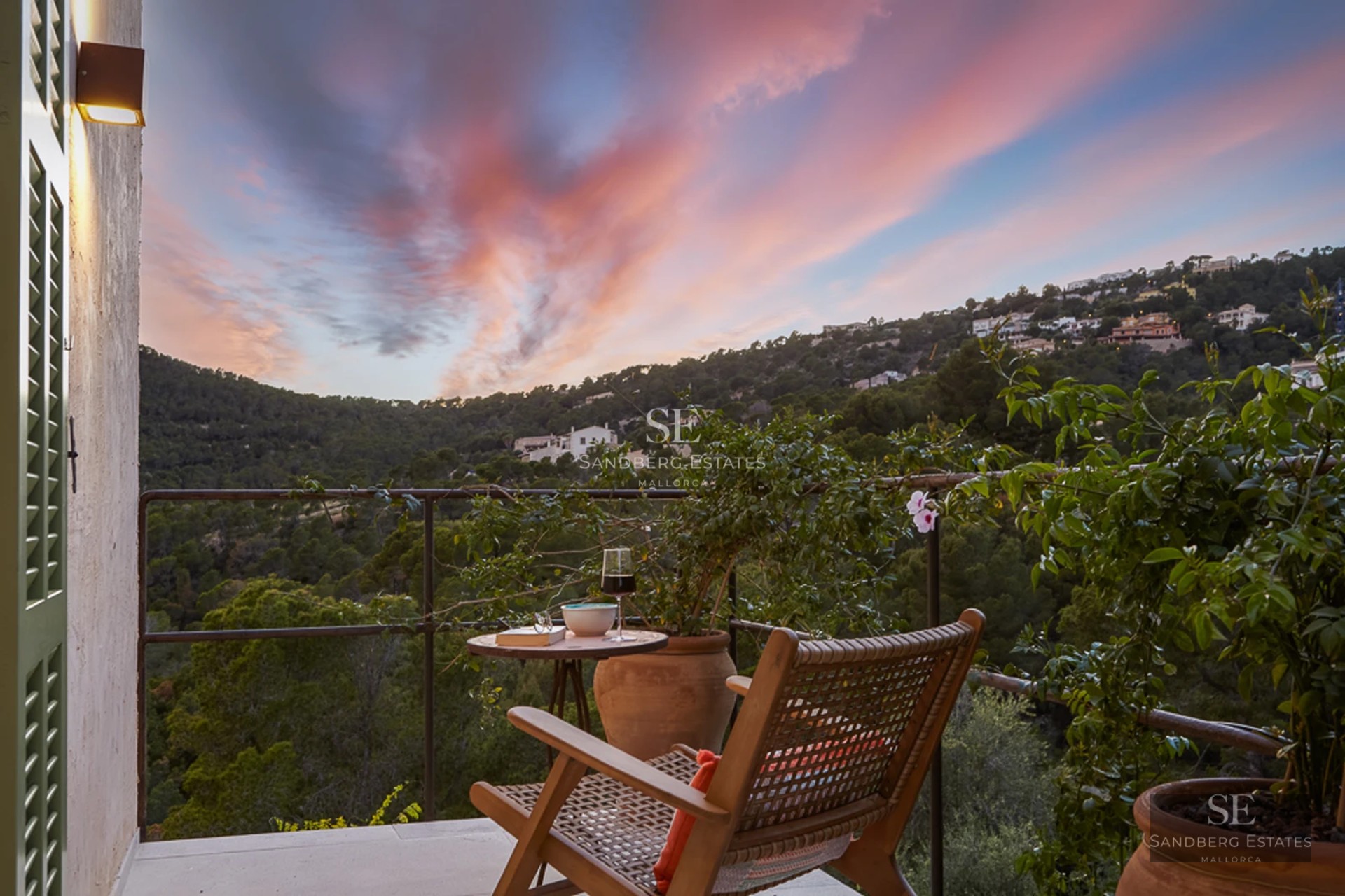 Exterior view of a modern house with a pool, minimalist design, large windows, and lush garden. Warm lighting.