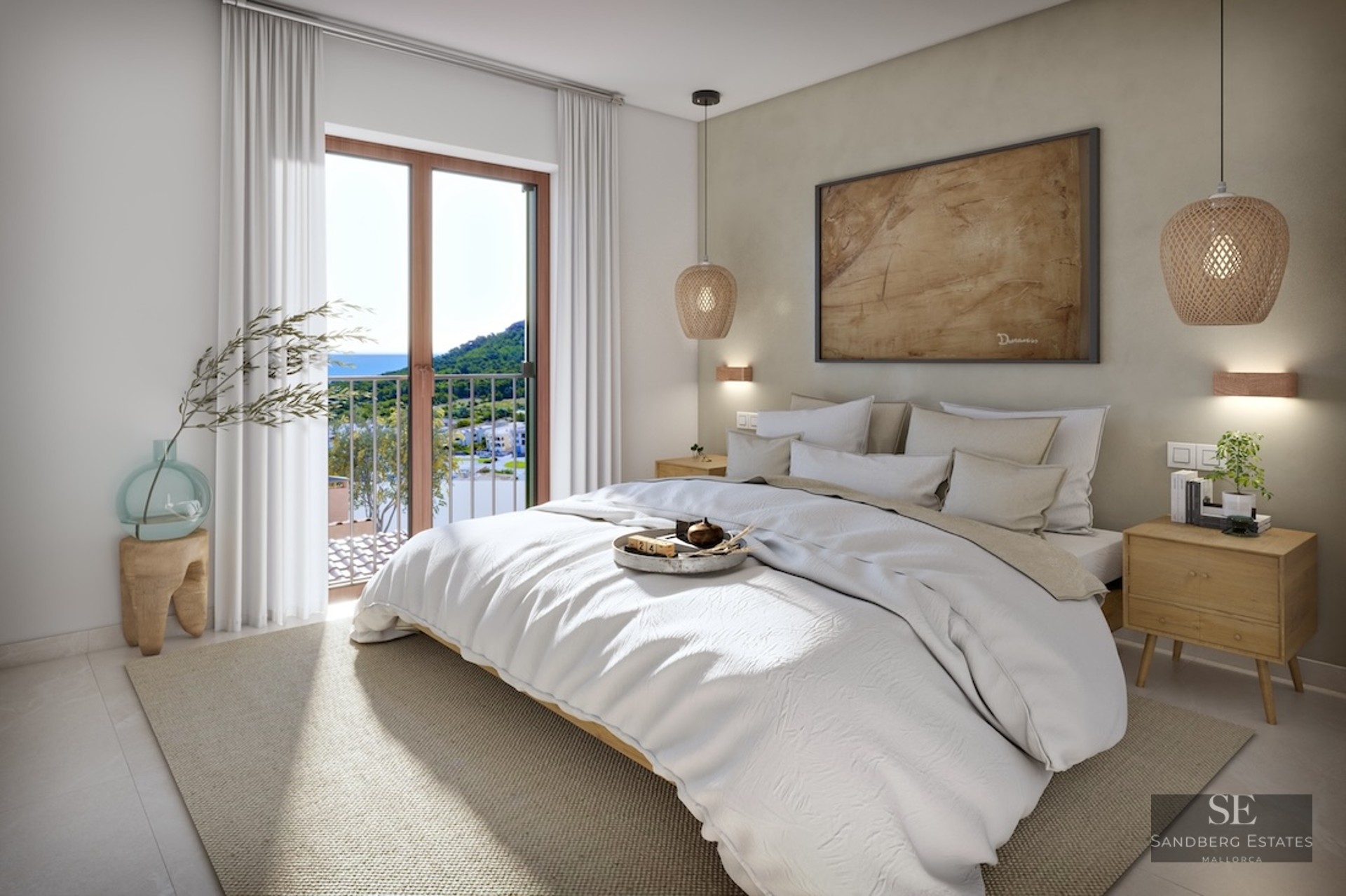 Bright bedroom featuring a white bed, wicker lamps, and a balcony with mountain and sea views.