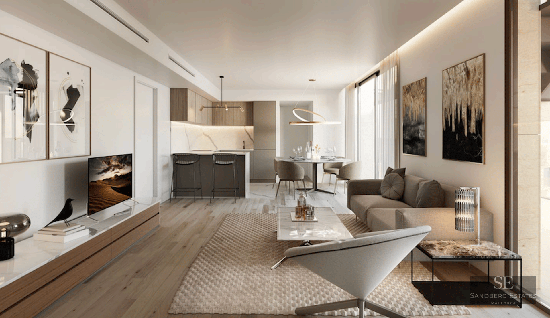 Modern living room featuring a beige sofa, marble coffee table, wood flooring, and an integrated kitchen in the background.