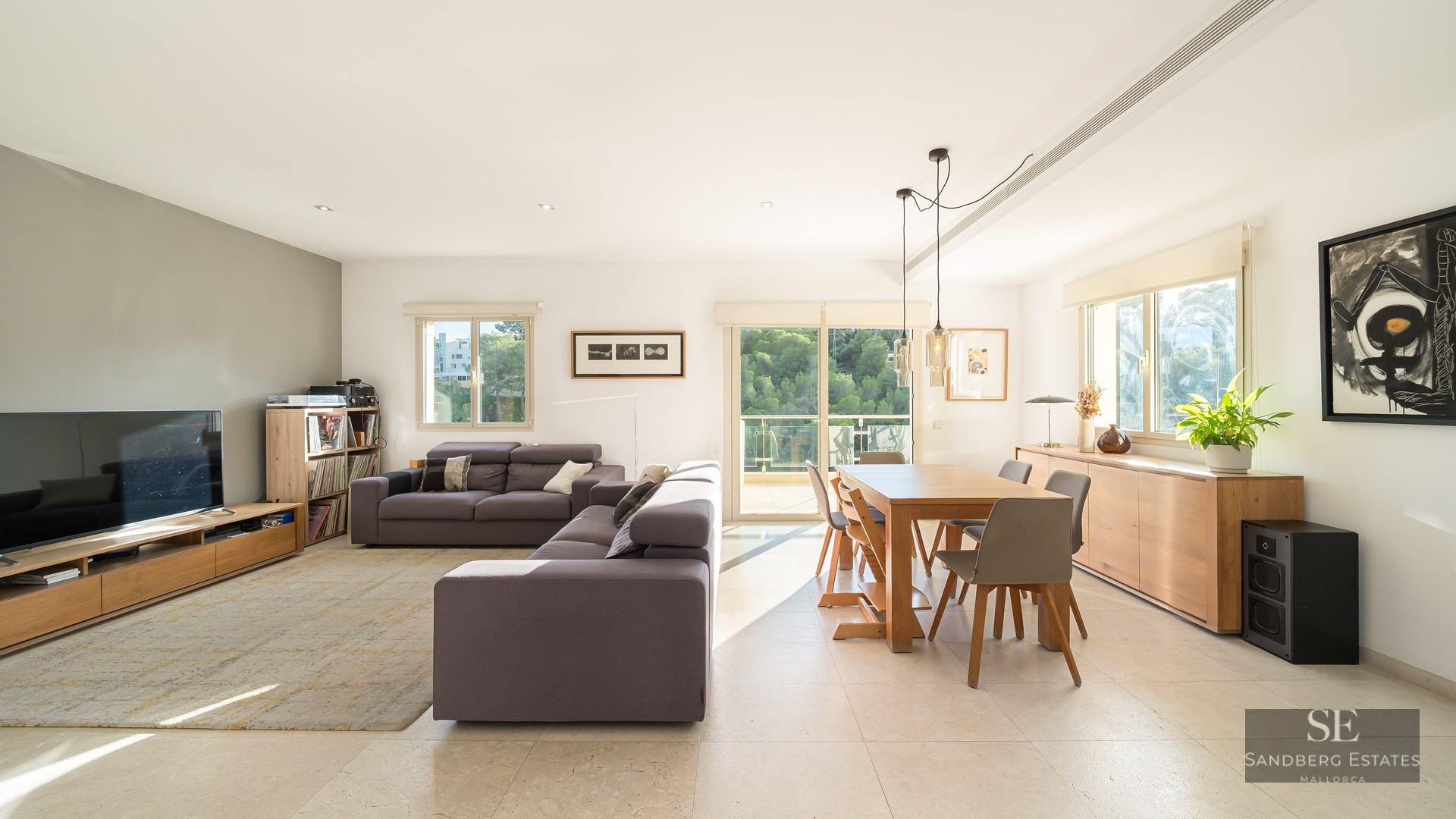 Bright living room featuring a grey sofa, wooden dining table, and large windows overlooking lush green trees.