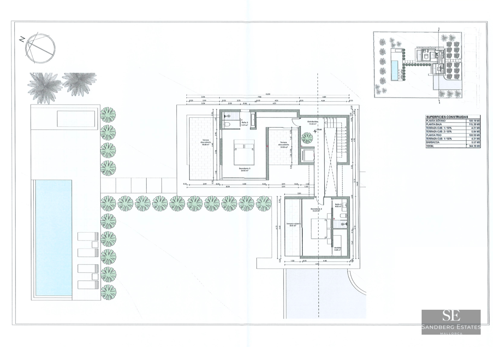 Architectural floor plan showing bedrooms, bathrooms, a large terrace, and the outdoor swimming pool area.