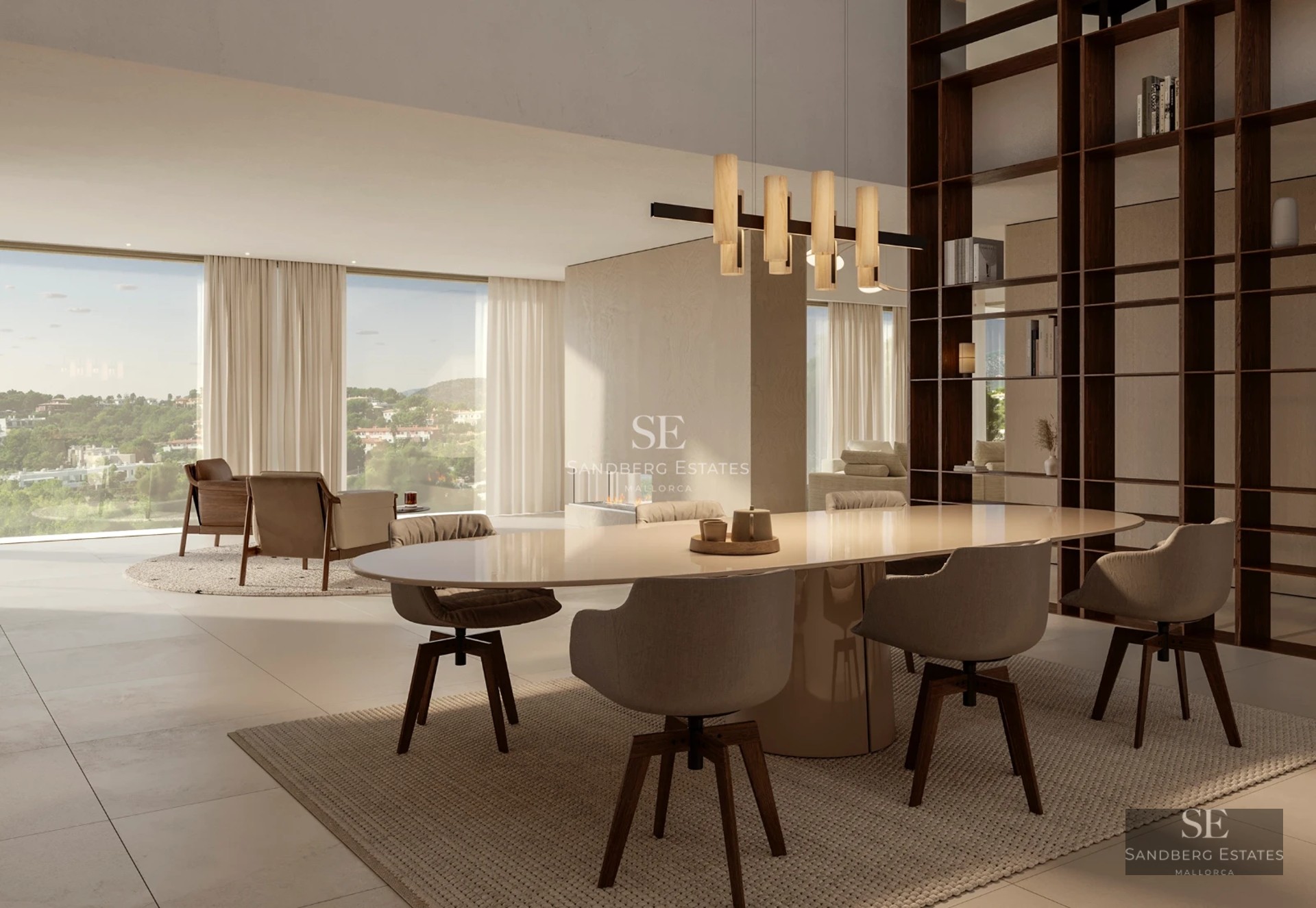 Modern balcony with glass railing offering panoramic sea views. Minimalist furniture, wooden floor and elegant design.