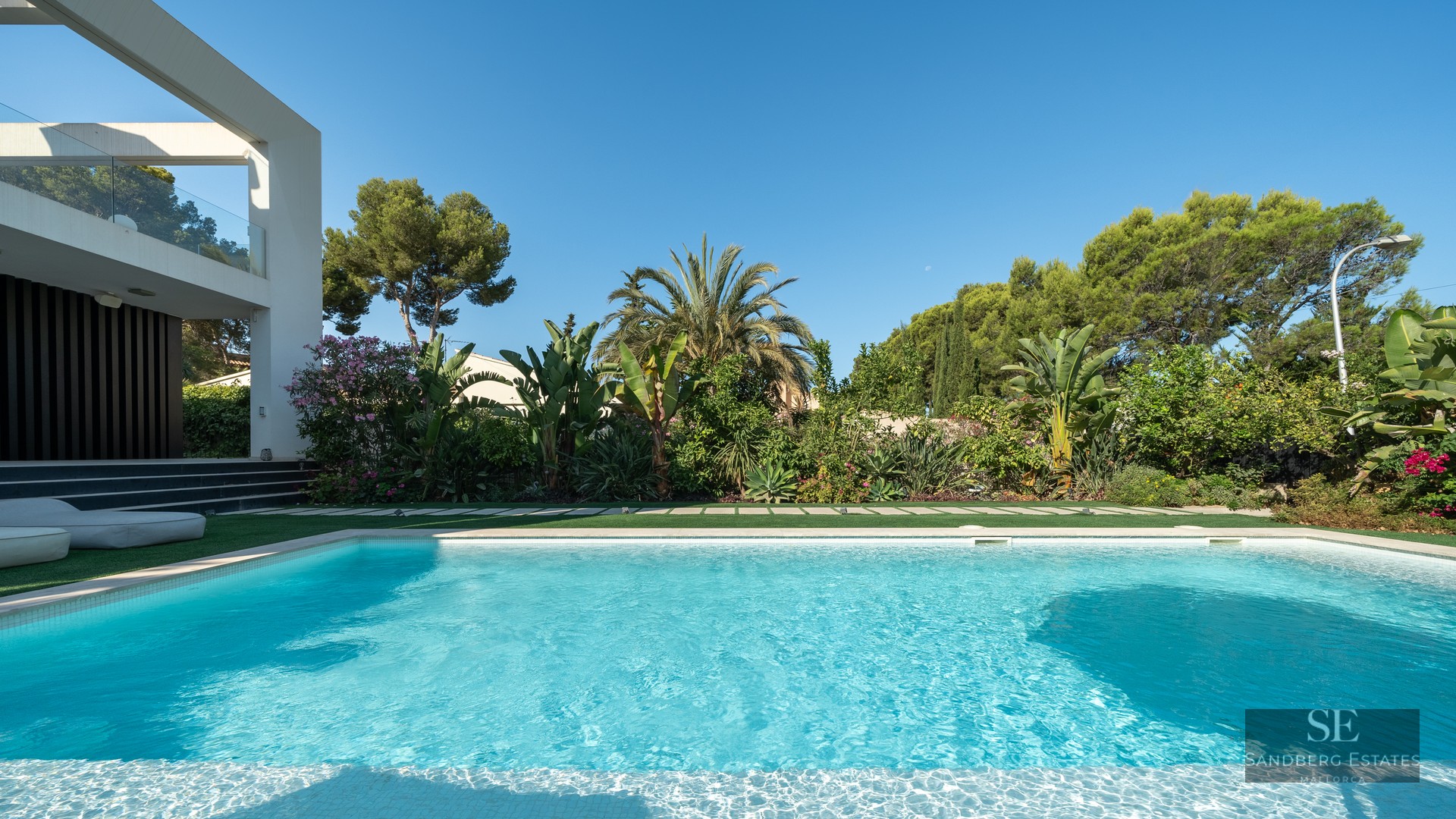 A turquoise rectangular swimming pool surrounded by lush tropical plants and a modern white villa under a clear blue sky.