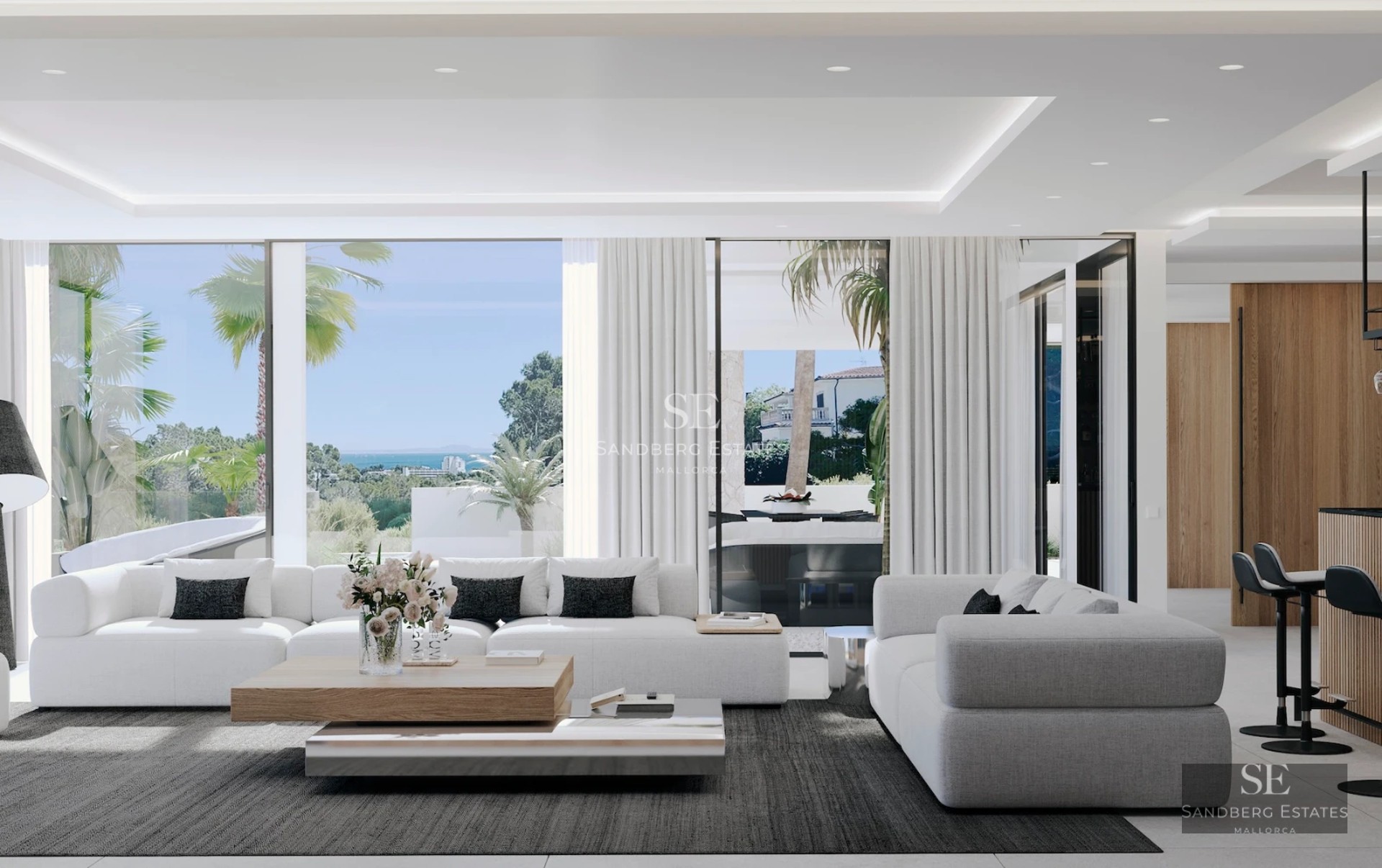 View of a modern villa with an infinity pool, surrounded by gardens and large terraces. Minimalist design and luxurious finishes.