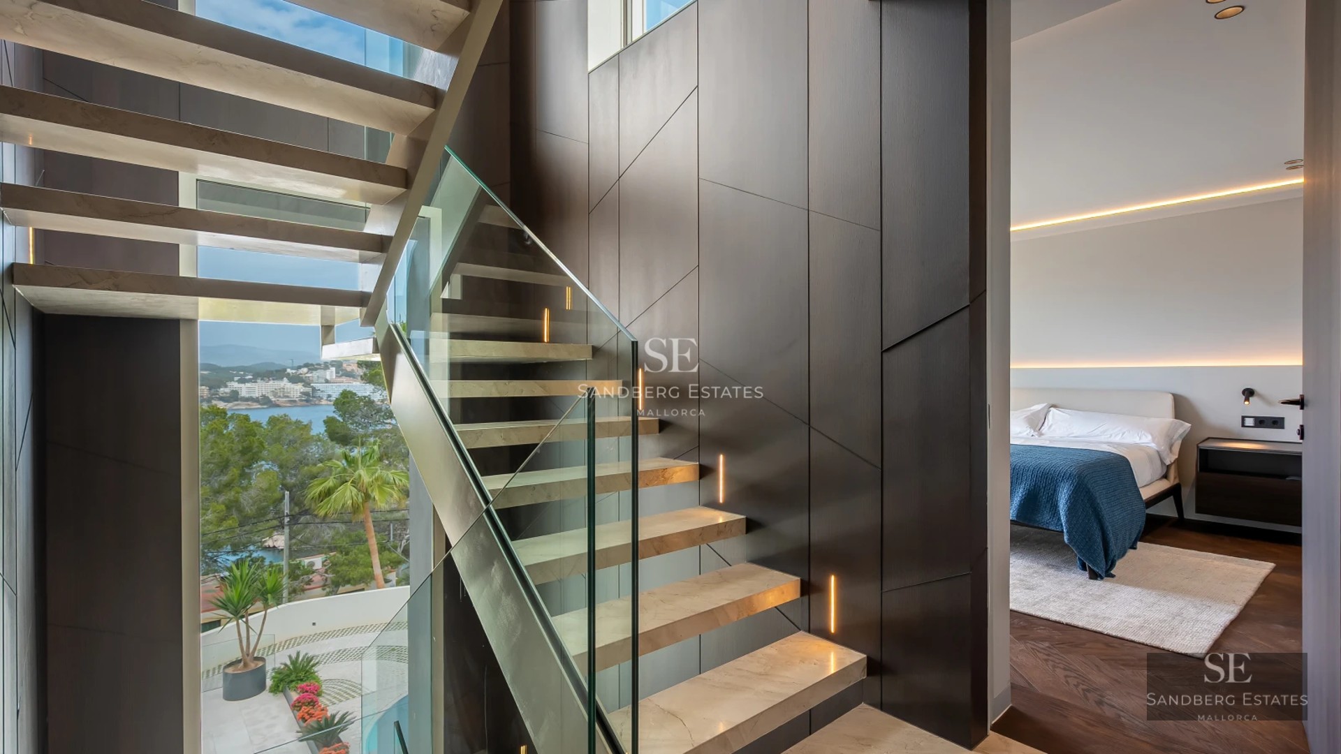 Exterior of a modern villa with infinity pool, lush garden, and spacious terraces. Minimalist architectural design and high-quality finishes.