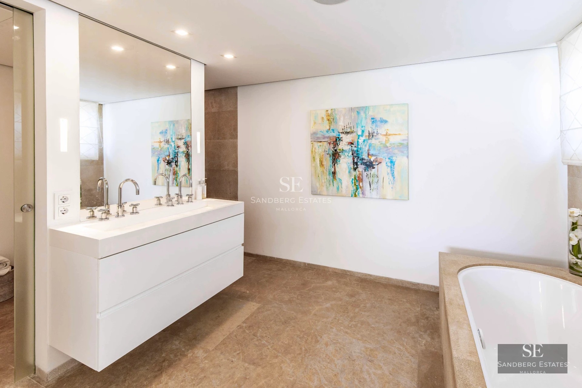 View of modern home featuring pool, expansive garden, clean architecture, large windows. Minimalist design and lush vegetation.