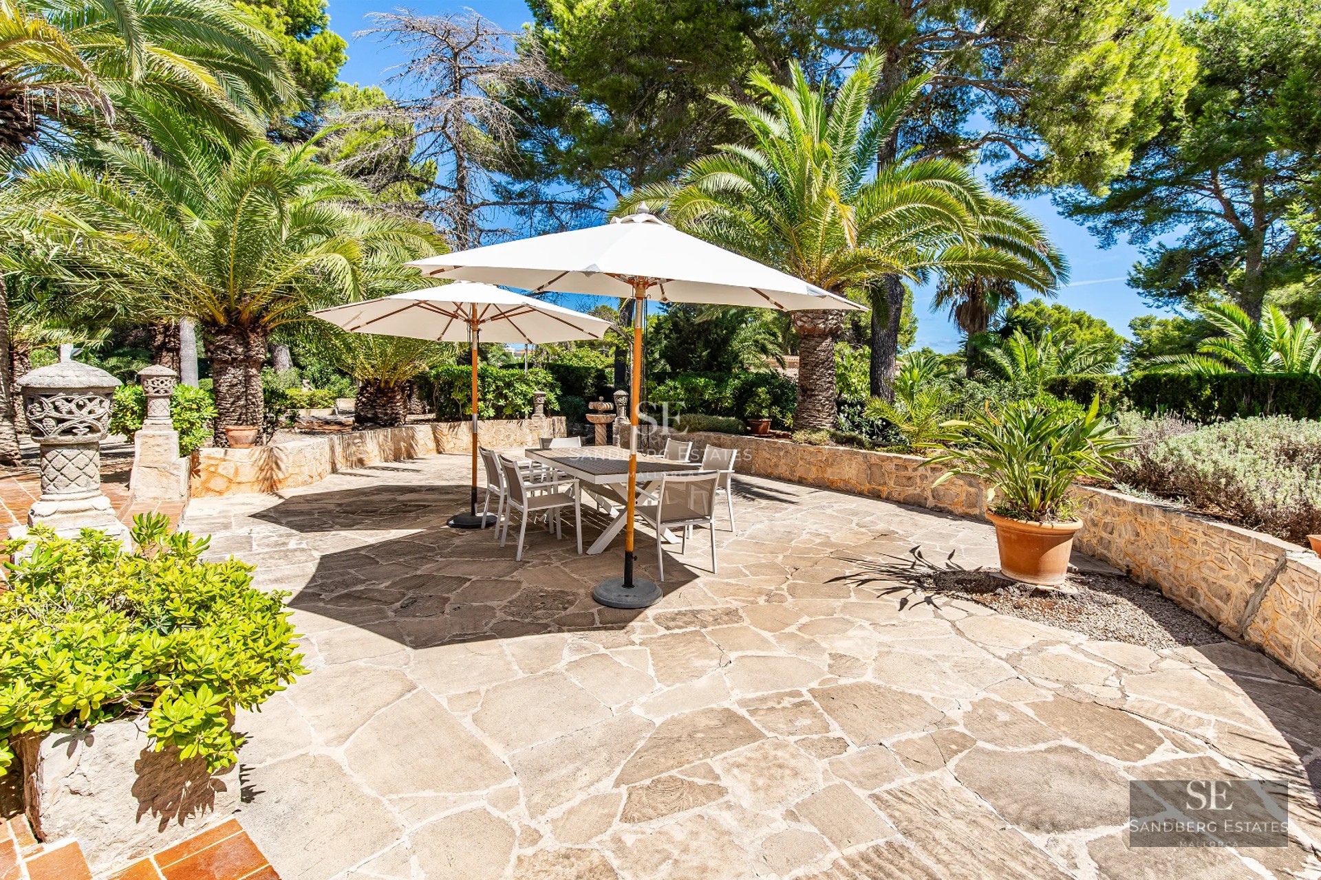 View of a modern villa with infinity pool. Minimalist architecture, large windows, sunny terrace, and lush vegetation.