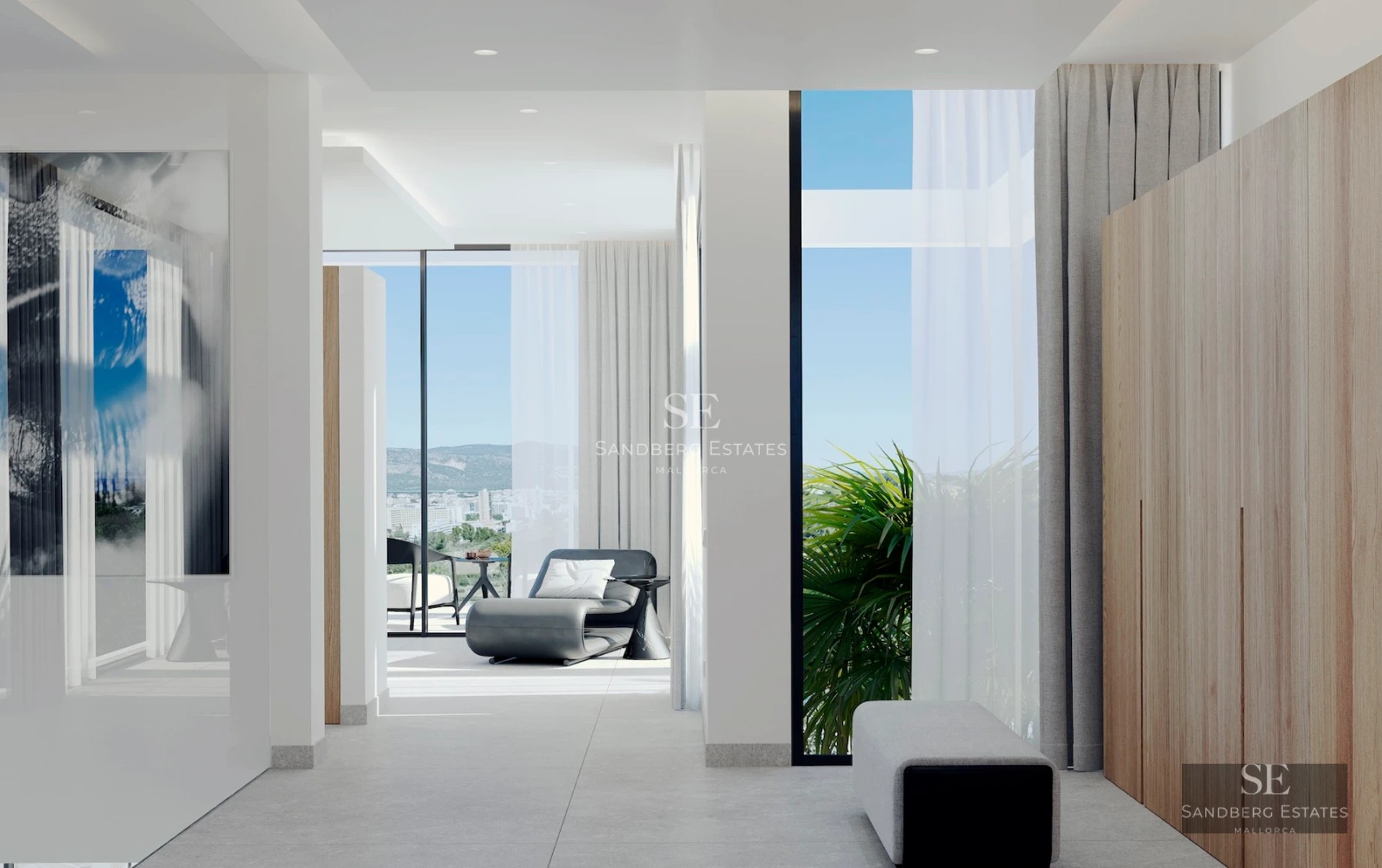 Exterior of modern villa with pool. Sleek architecture, large windows, lush landscaping, and poolside relaxation area.