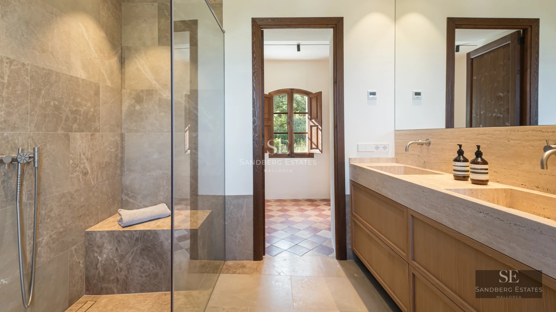 Exterior view of a modern house with a pool, lush garden, and large windows. Minimalist architectural design.