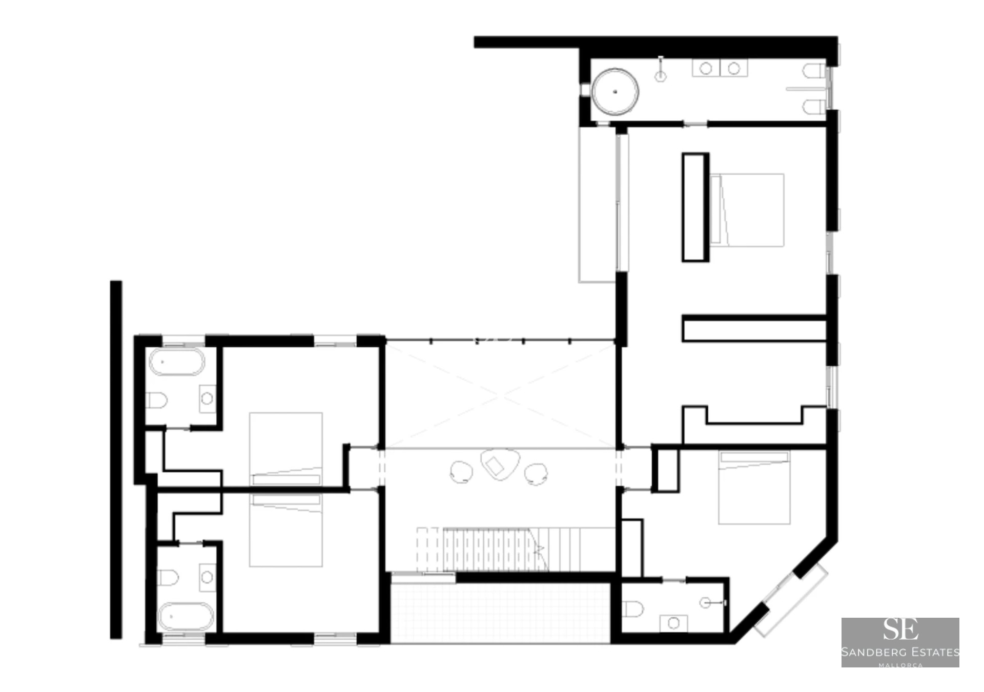 Spacious pool with coastal views. Modern architecture with large windows and lush landscaping. Elegant outdoor furniture.