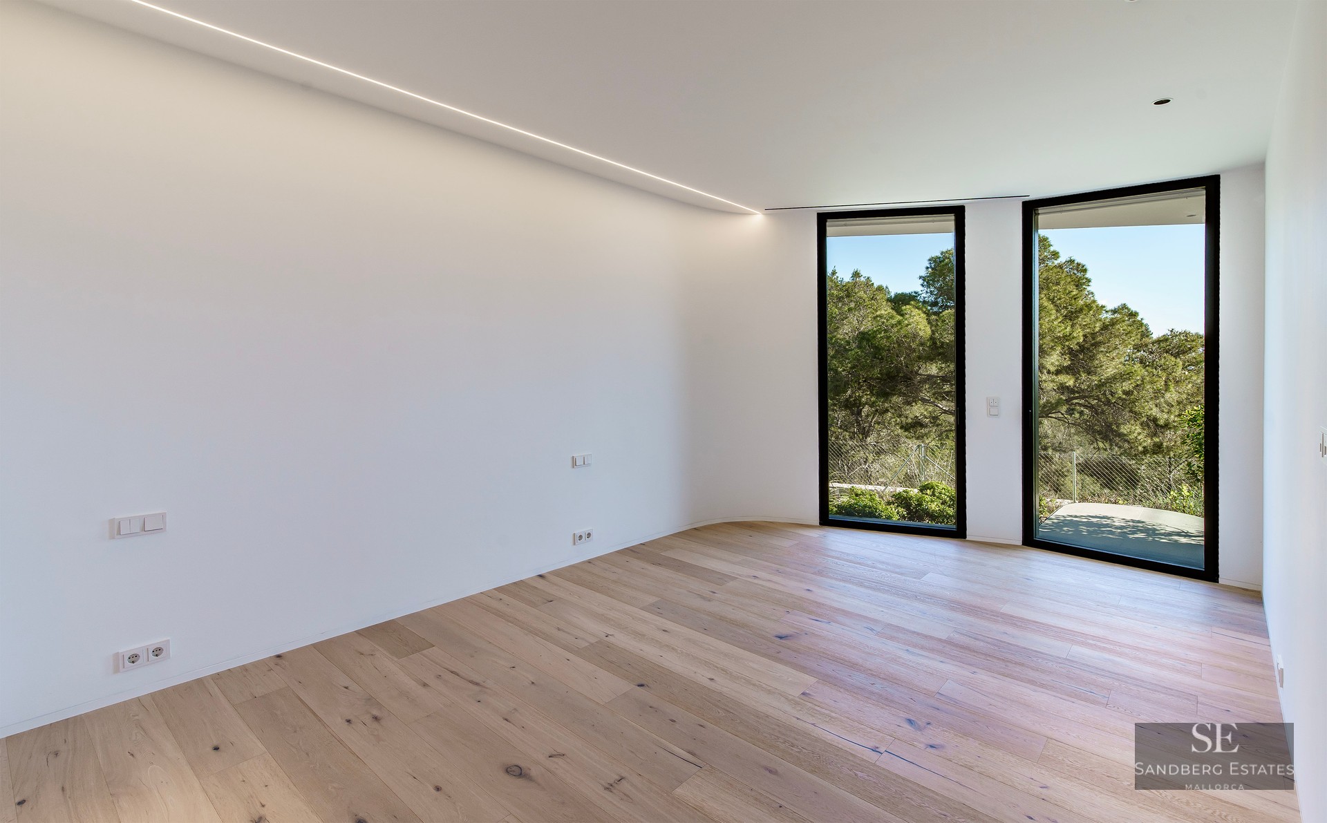 Bright empty room with light wood floors, white walls, and floor-to-ceiling windows looking out to trees.