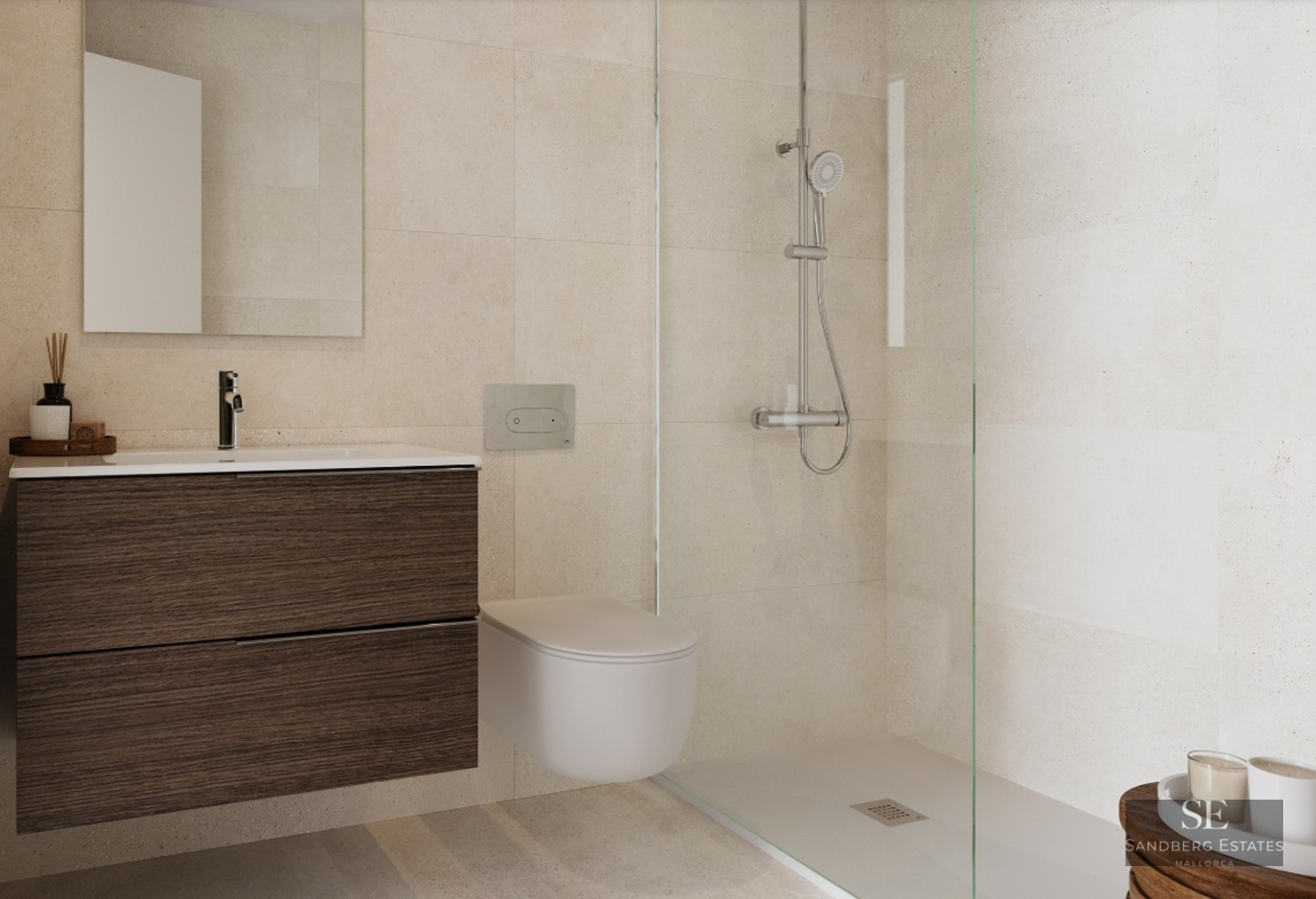 Modern bathroom featuring a dark wood floating vanity, wall-mounted toilet, and glass-enclosed walk-in shower with beige tiles.
