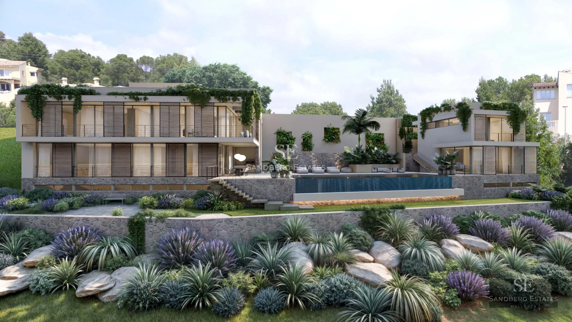 Exterior view of a modern house with a pool. Minimalist design, large windows, and manicured landscaping. Warm ambient lighting.