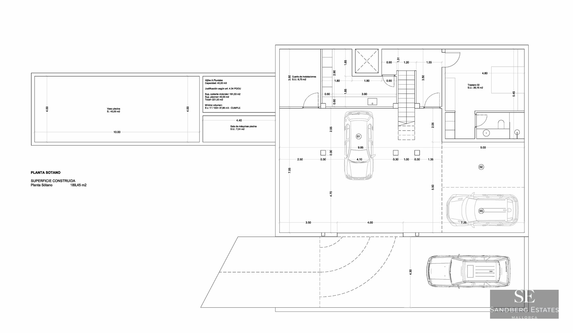 Detailed architectural floor plan of the basement level featuring a multi-car garage, storage rooms, and pool layout.