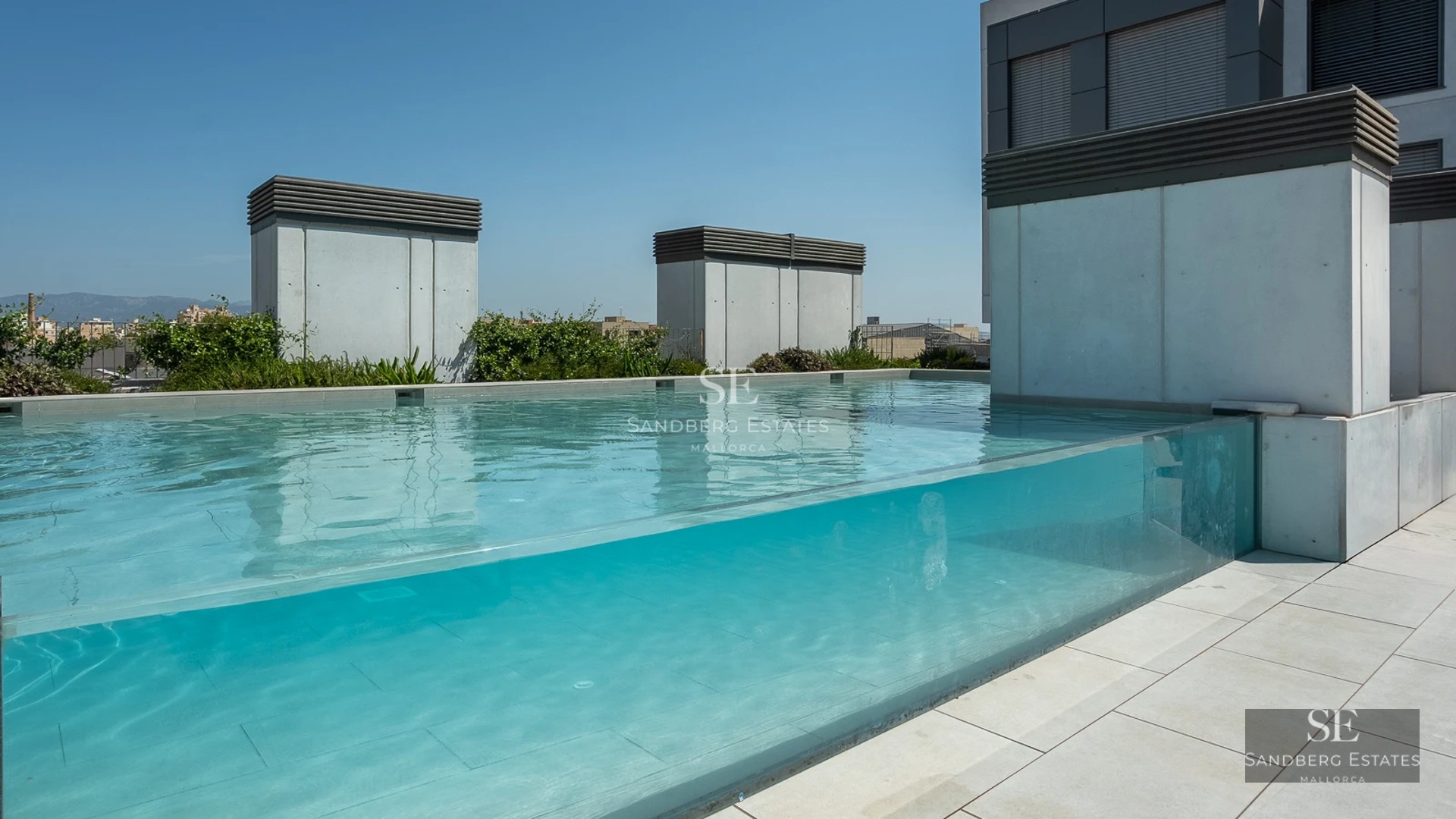 Exterior view of a modern home with pool, large garden, and minimalist architecture. Brightness and contemporary design.