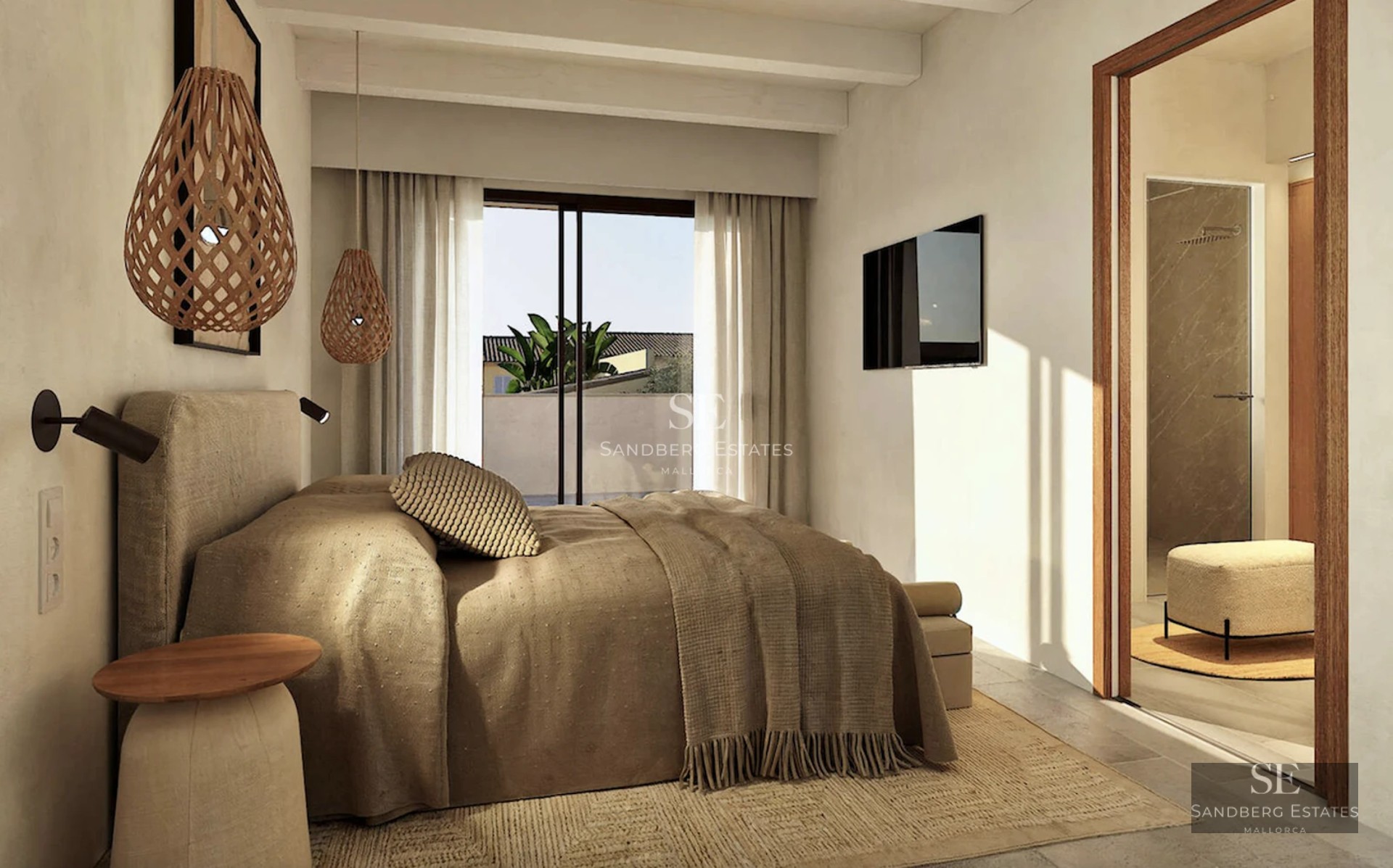 View of a luxurious pool surrounded by gardens with an elegant modern house in the background. Minimalist architecture and landscaping.