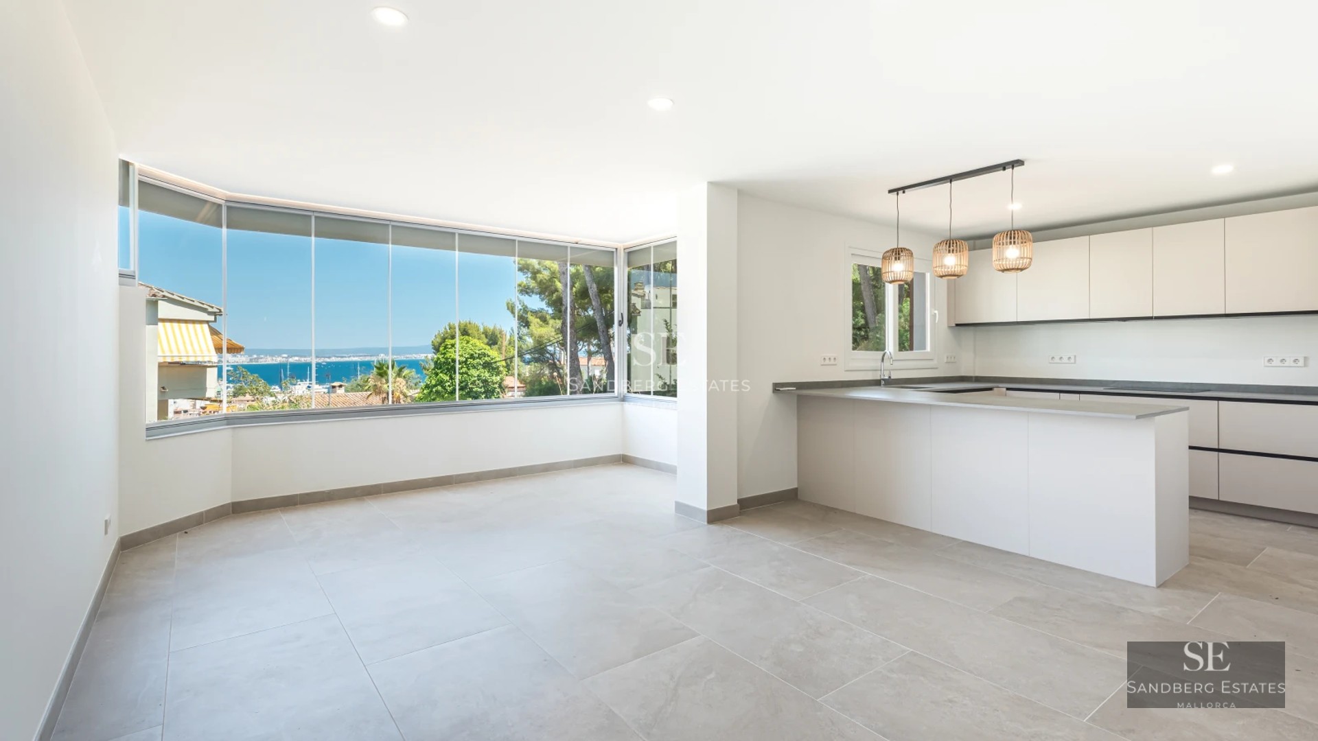 Exterior view of a modern villa featuring an infinity pool, surrounded by a garden and large windows. Minimalist architecture.