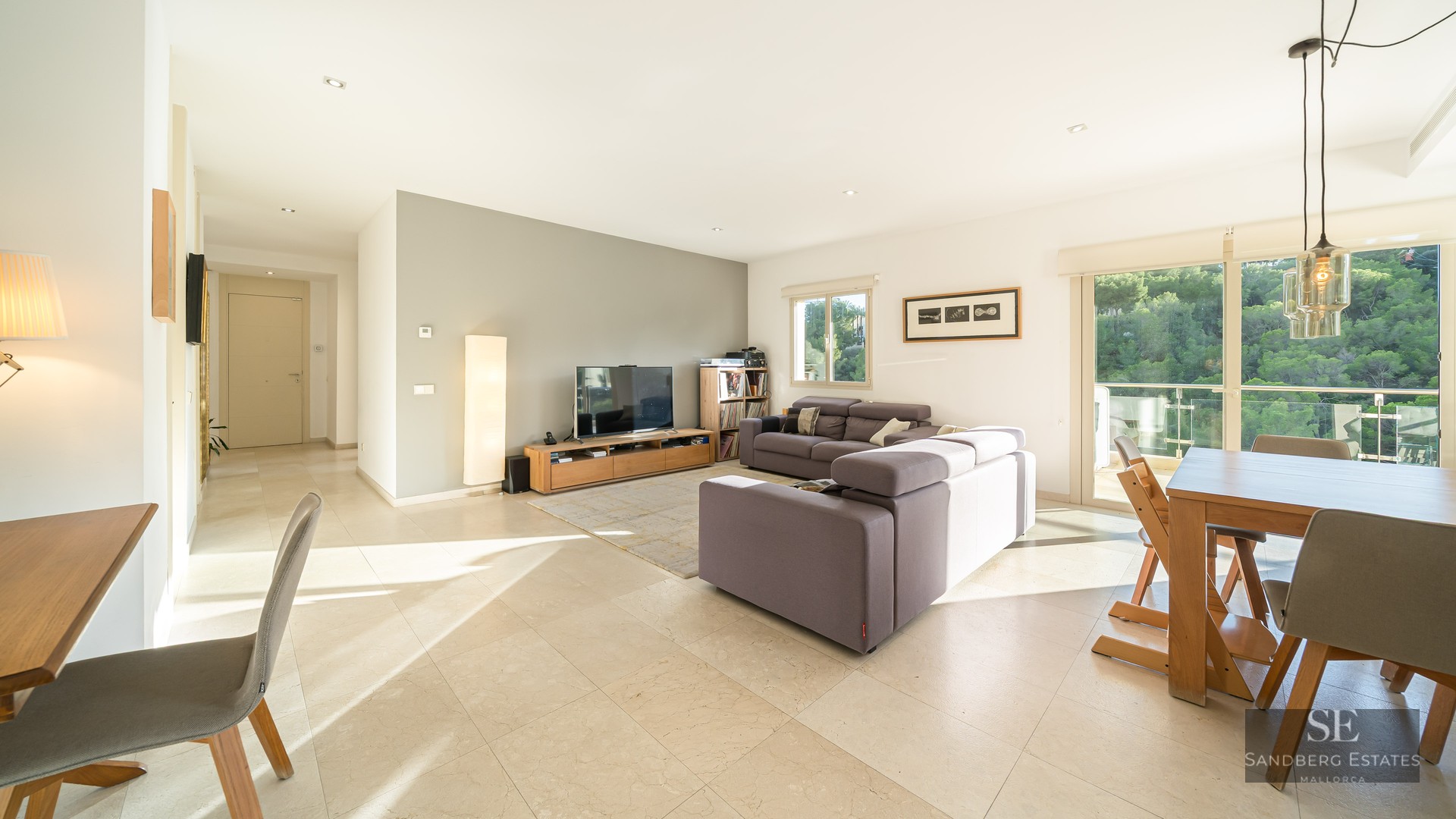 Bright modern living room featuring grey sofas, a wooden dining table, and large windows overlooking a lush green forest.
