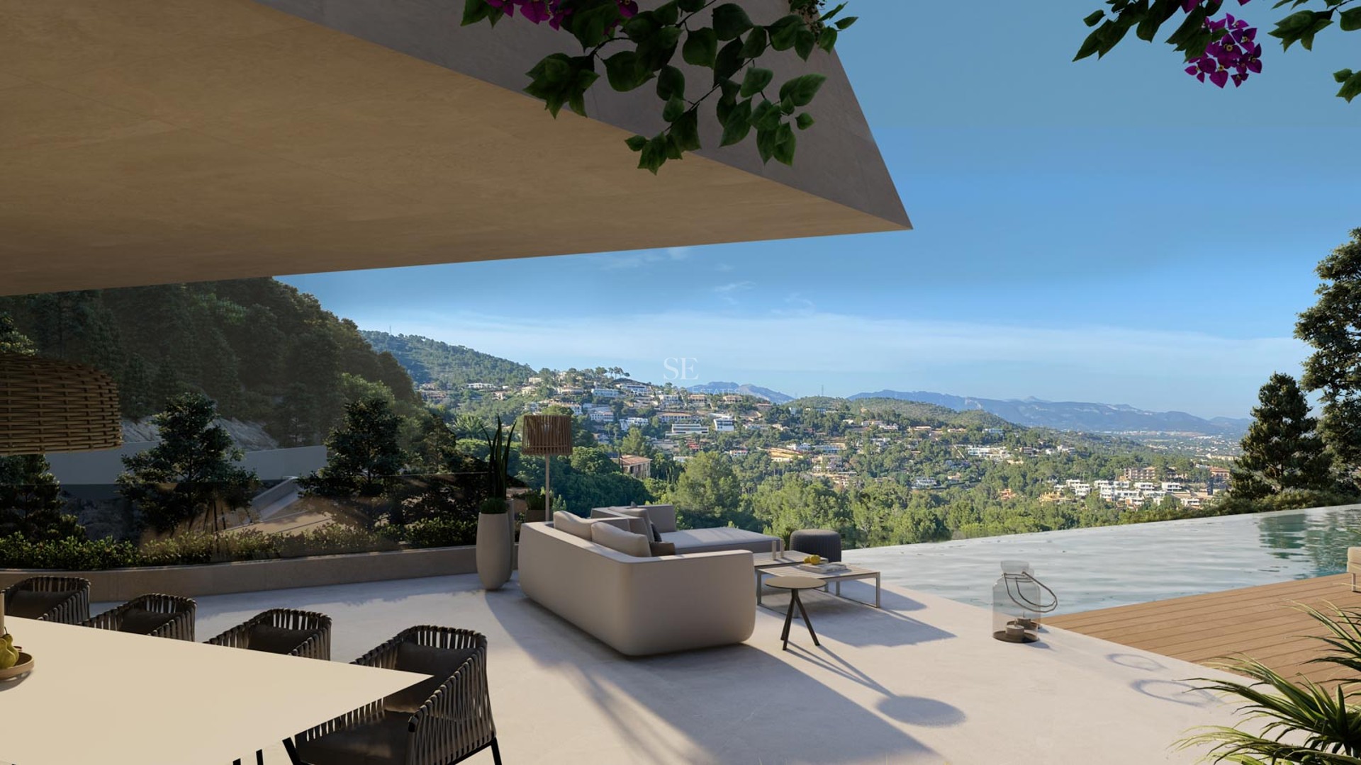 Contemporary villa terrace featuring a lounge area, infinity pool, and panoramic mountain views under a clear blue sky.