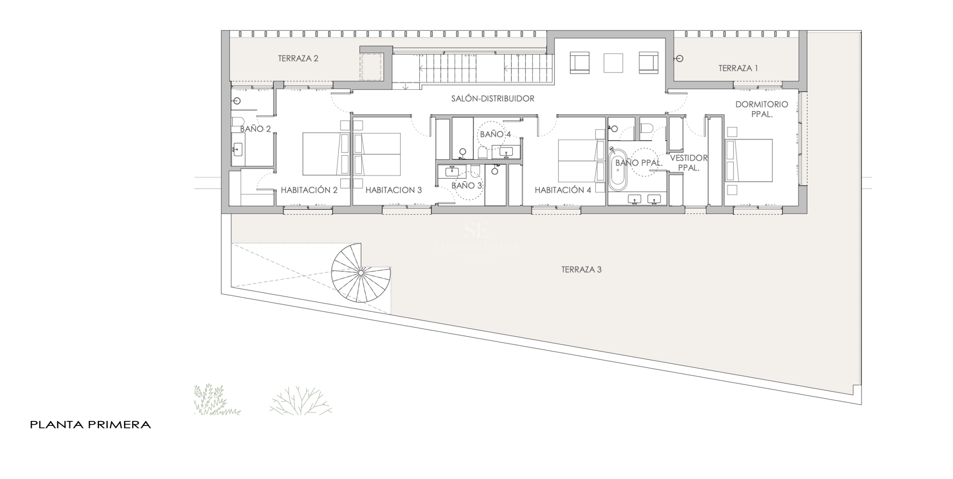 Plan 2D du premier étage montrant quatre chambres, plusieurs salles de bains et une vaste terrasse périphérique.