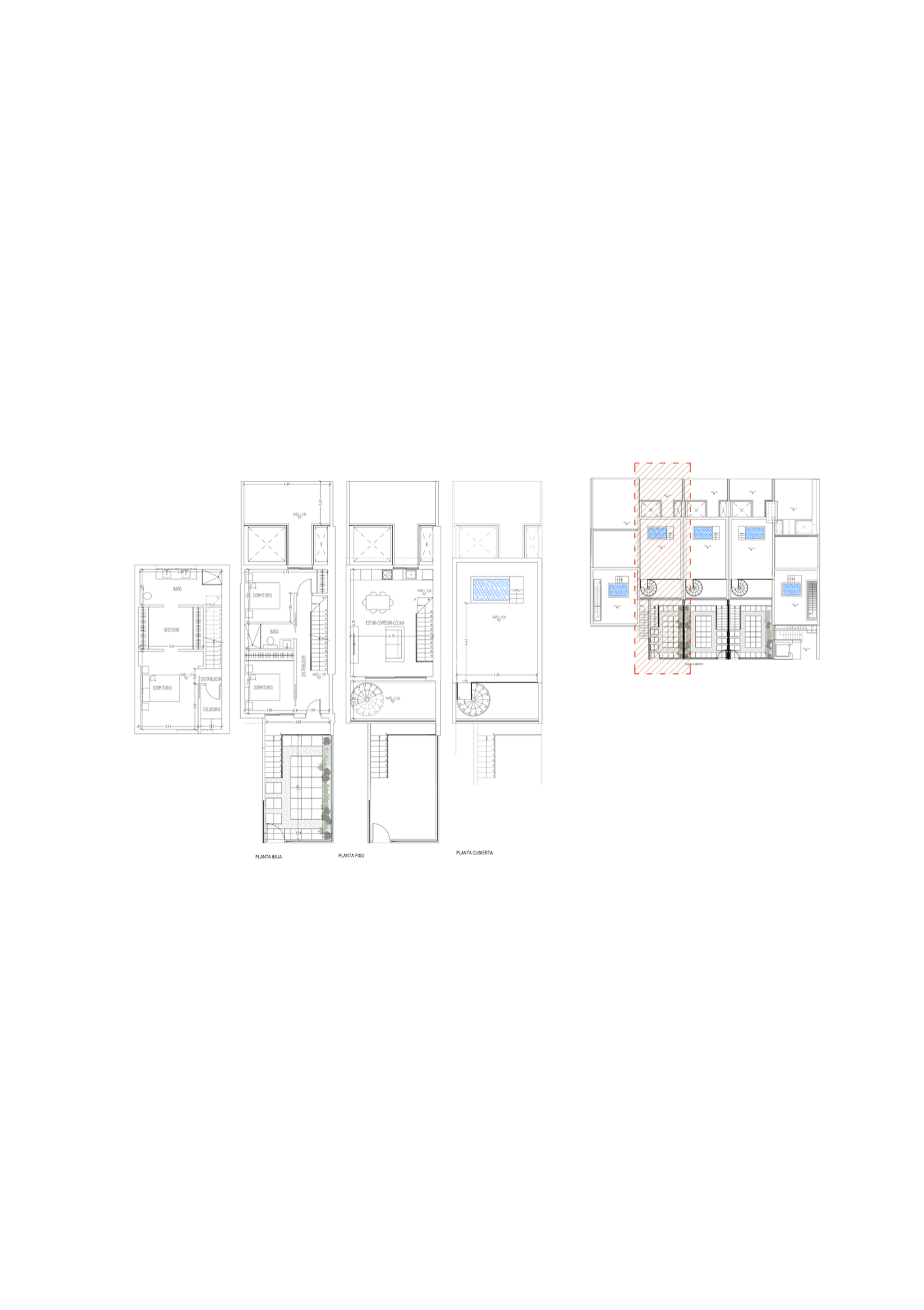 Technical architectural drawing showing ground floor, first floor, and rooftop terrace with private pool.