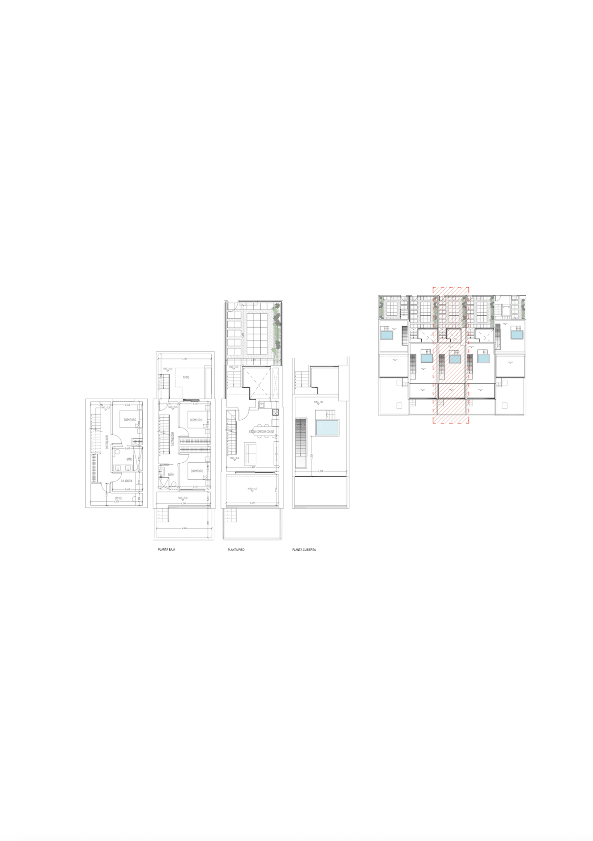 Architectural floor plan showing three levels with bedrooms, open-plan living area, and rooftop terrace with pool.