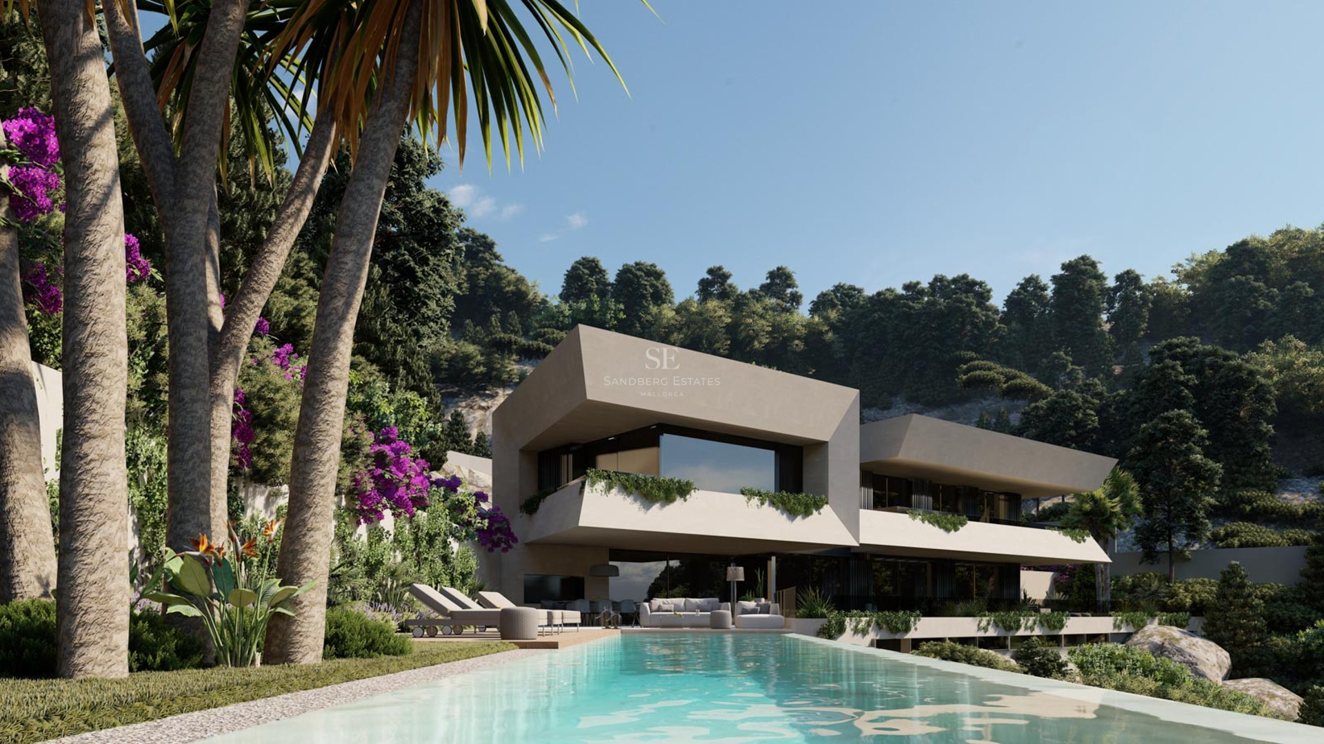 Luxury contemporary villa with infinity pool, cantilevered architecture, palm trees and bougainvillea.