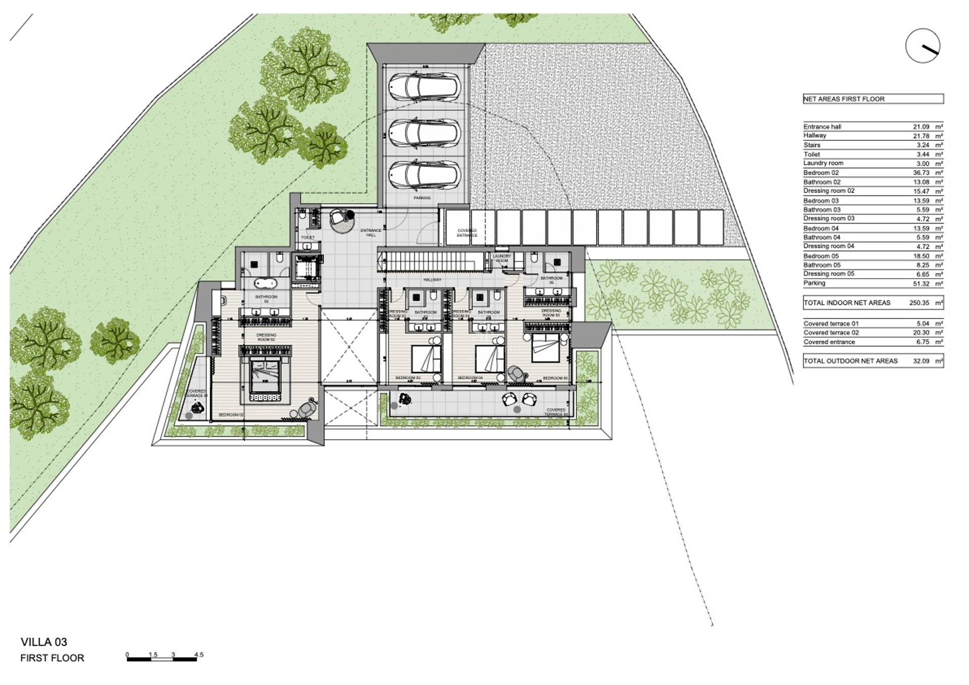 Detailed architectural floor plan of Villa 03 first floor showing bedrooms, bathrooms, and terrace areas.