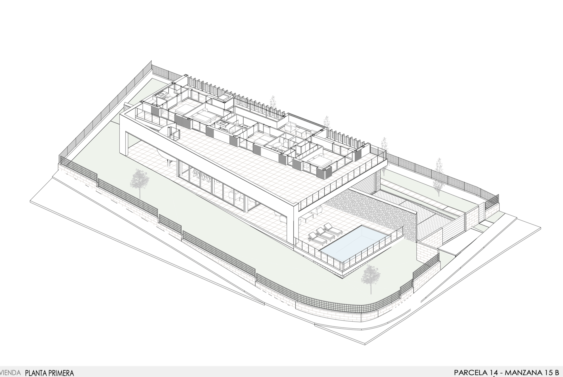 Plan d'architecte isométrique en 3D montrant le premier étage d'une villa moderne, les chambres et la terrasse avec piscine.