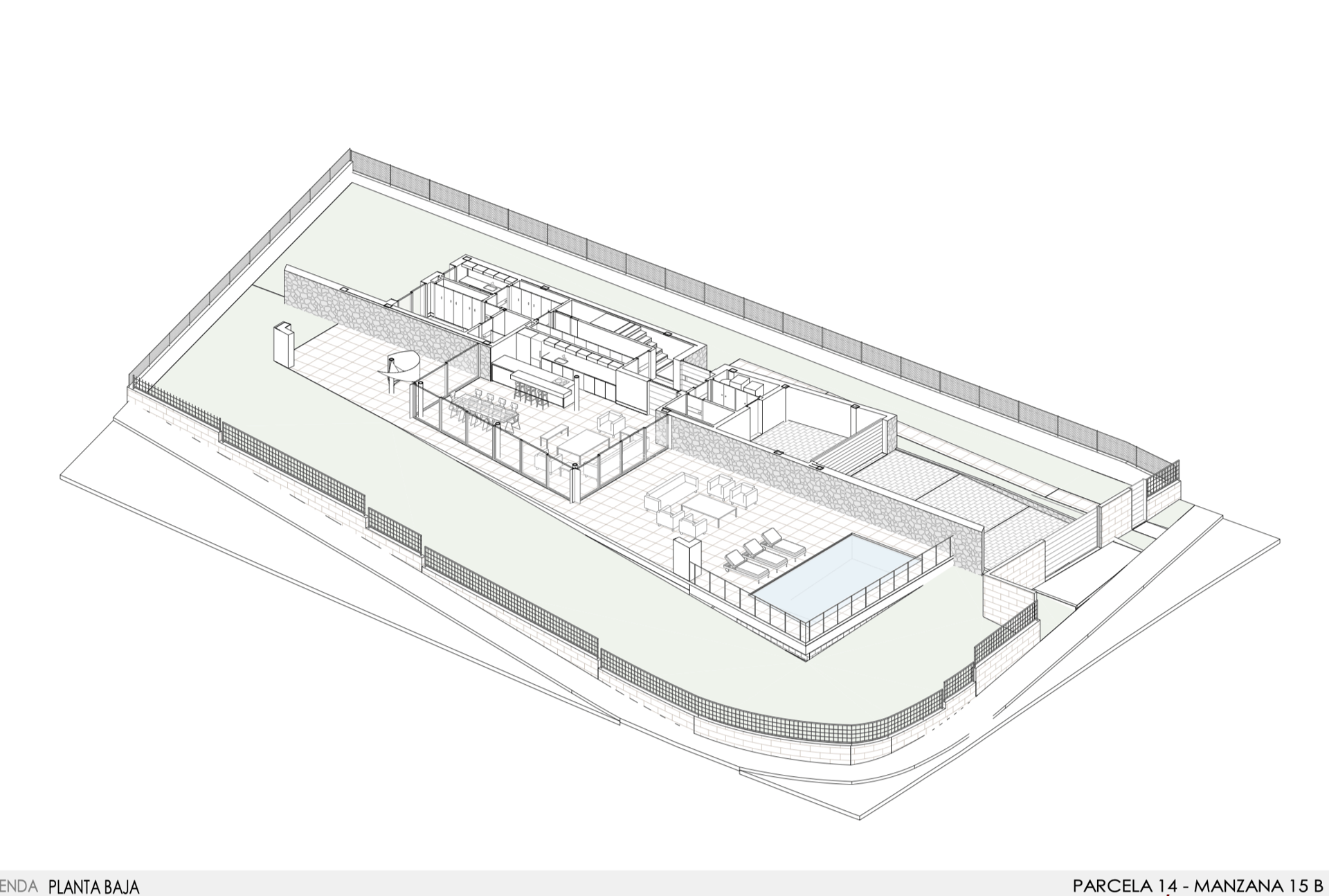 Dessin architectural isométrique en 3D montrant l'aménagement du rez-de-chaussée d'une villa moderne avec piscine et terrasse.