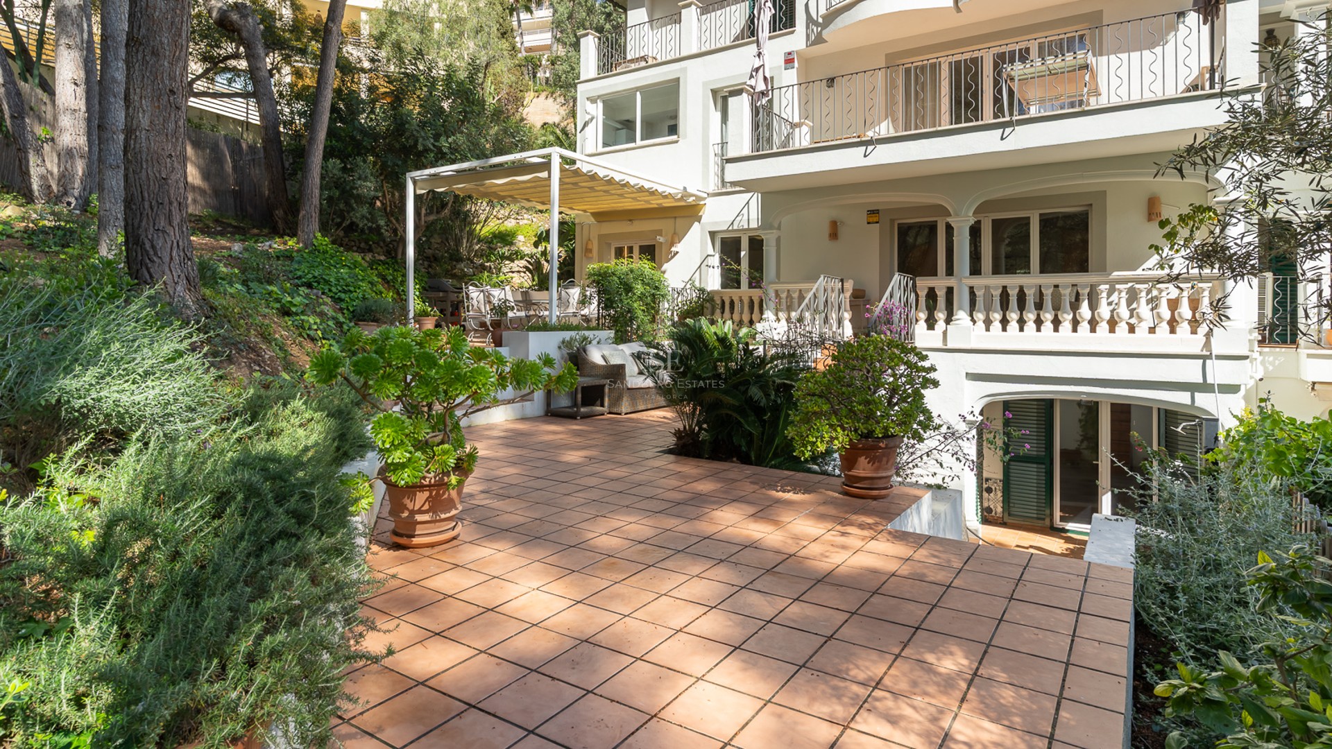 Spacious multi-level terracotta terrace surrounded by mature Mediterranean plants and a white villa facade.