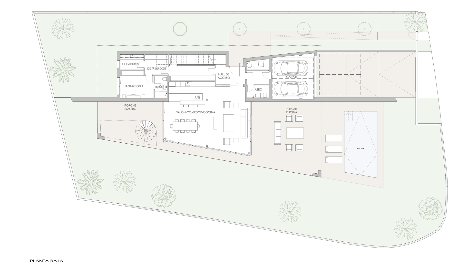 Plan architectural montrant le rez-de-chaussée avec salon ouvert, garage double et espace piscine.