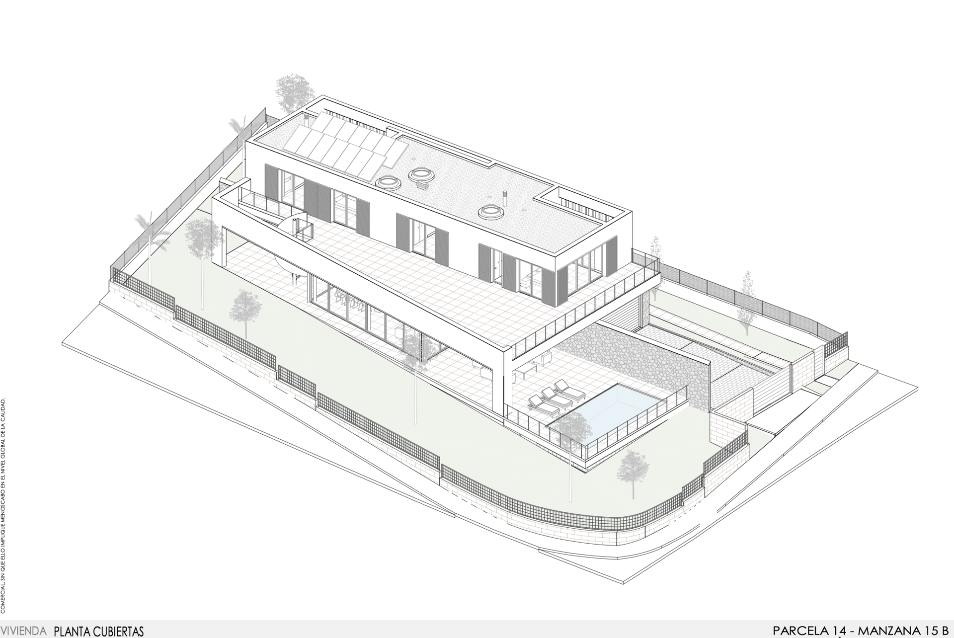 Dessin axonométrique 3D d'une villa moderne montrant le plan de toiture, la piscine privée et les panneaux solaires.