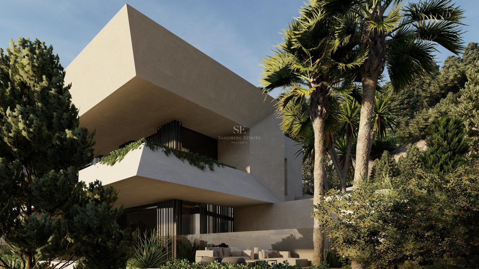 Contemporary villa facade with cantilevered concrete balconies, palm trees, and lush Mediterranean greenery.