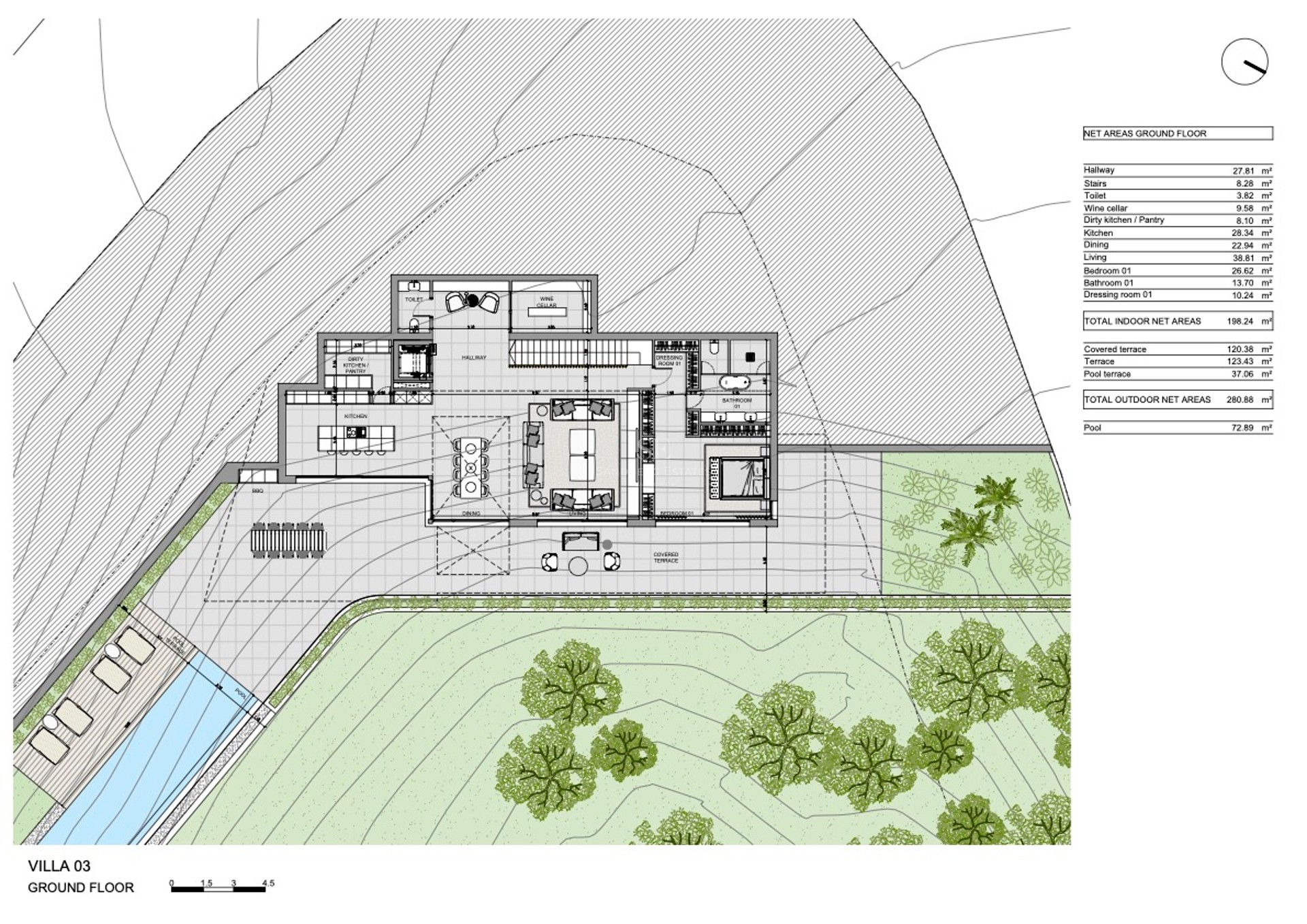 Architectural floor plan of a luxury villa ground floor showing living areas, master suite, and infinity pool layout.