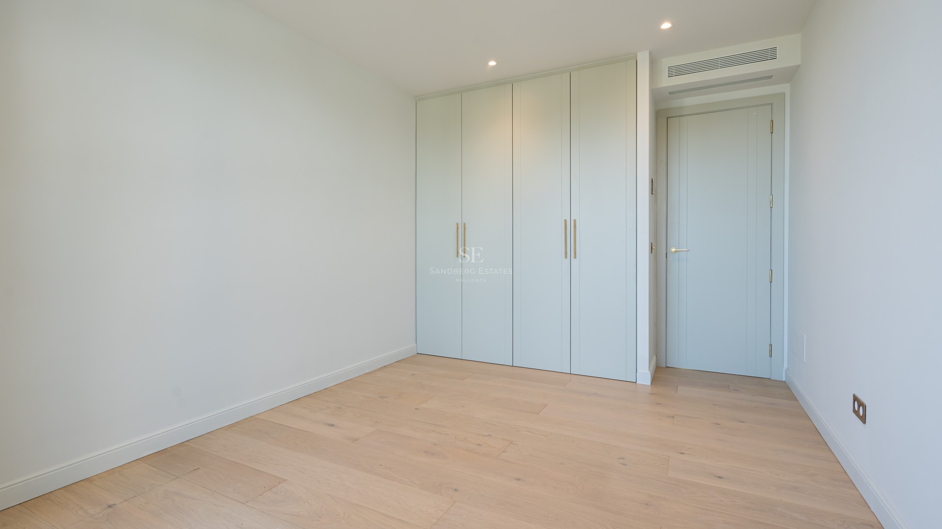 Empty room featuring light oak flooring, sage green built-in wardrobes, and minimalist white walls.