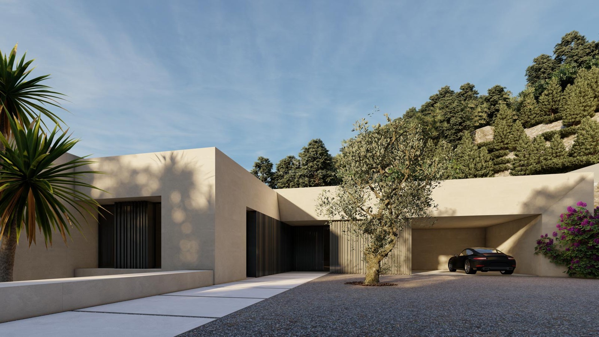 Modern sand-colored villa entrance featuring a gravel driveway, olive tree, and a black sports car in a carport.