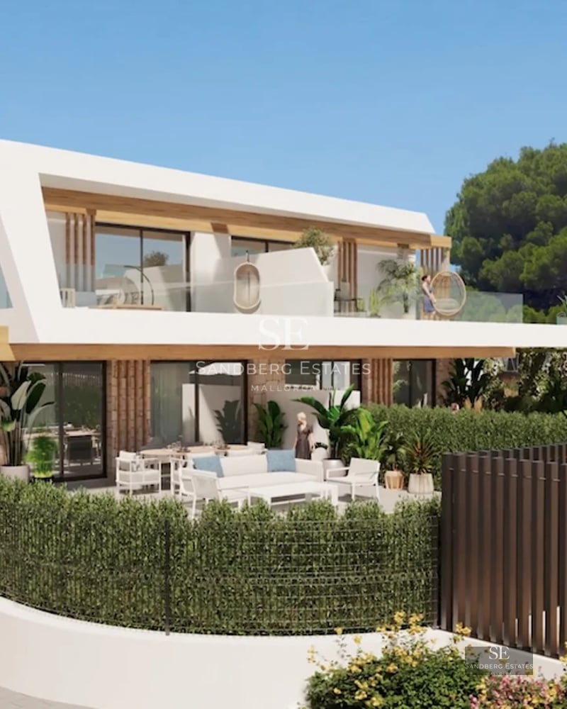 Exterior view of a modern villa featuring an infinity pool, garden, and minimalist design. Large glass windows and landscaped grounds.