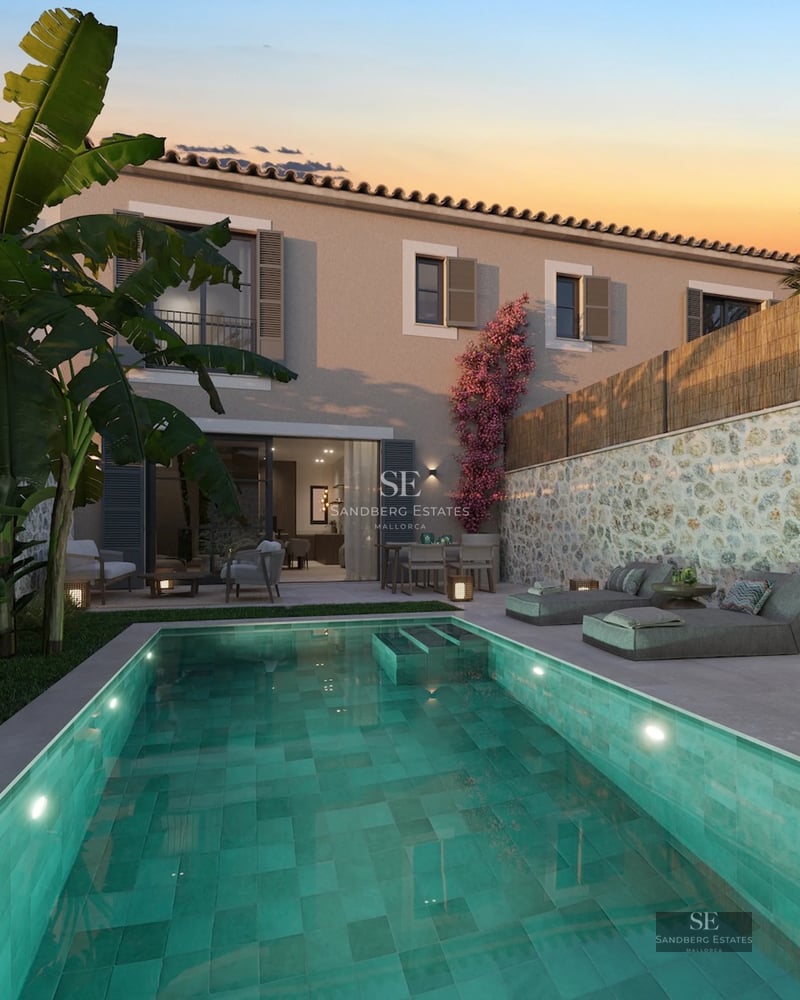 Exterior of modern villa with infinity pool, wooden deck, panoramic views, and elegant furniture. Soft sunset lighting.