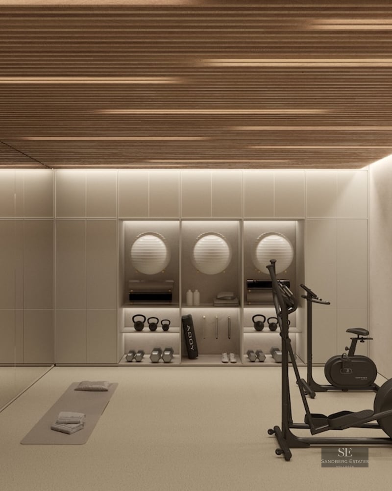 A modern gym with wood slat ceiling, cardio machines, yoga mats, and neatly organized weights in wall niches.