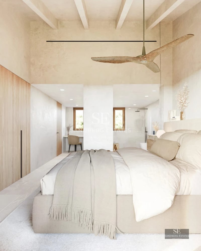 Exterior view of a modern villa with a pool, landscaped garden, and large windows reflecting sunlight.