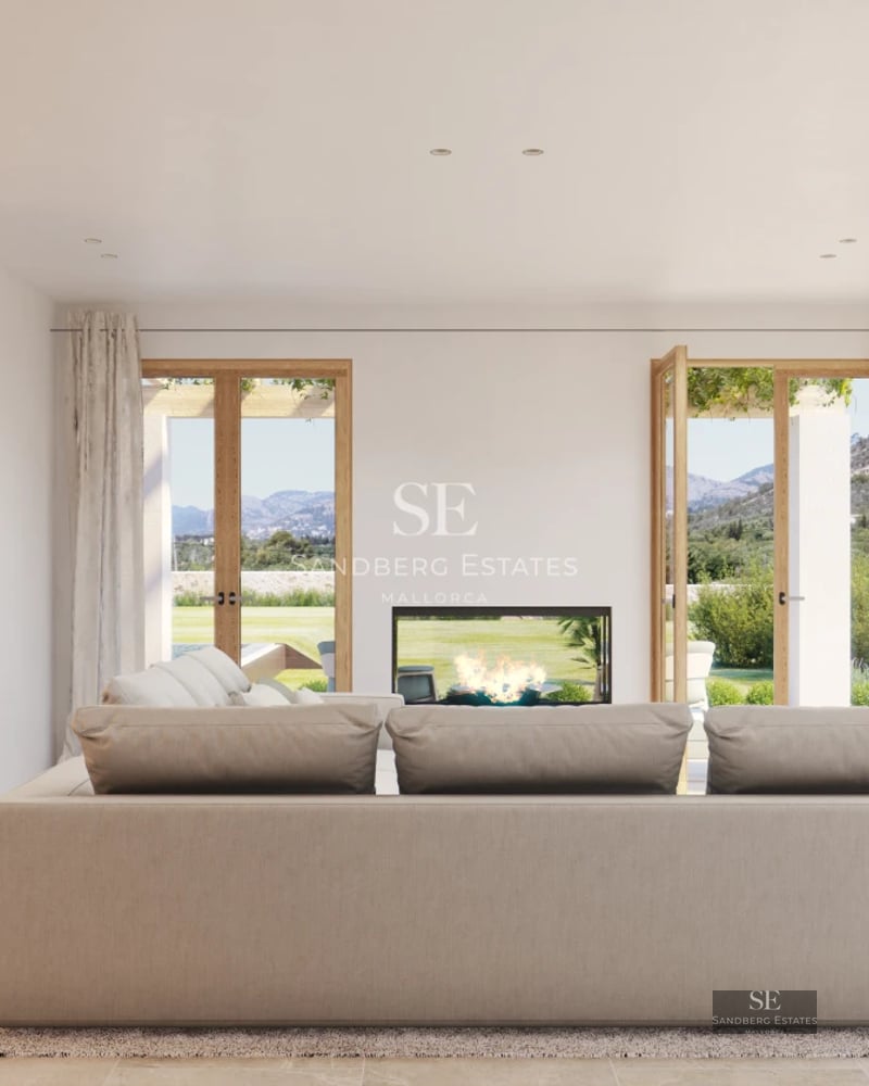 Large pool with wooden deck, sun loungers, and a modern design house with large windows. Lush garden.