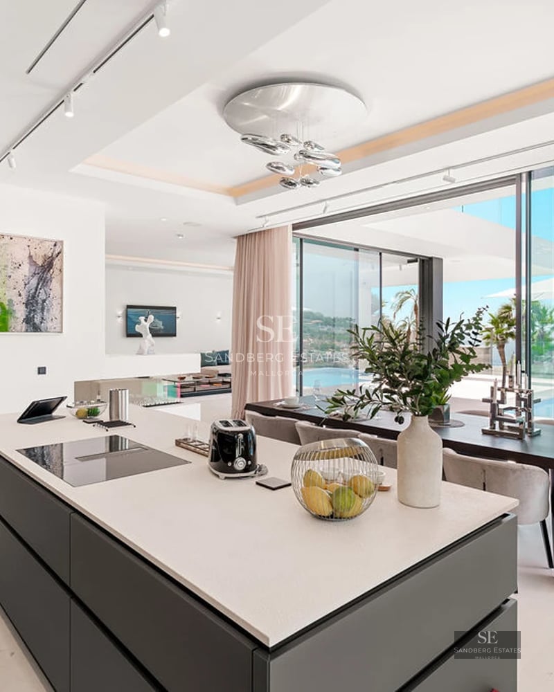 Exterior view of a modern villa with reflecting pool, lush vegetation, and minimalist architecture.