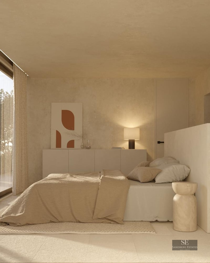A serene, minimalist master bedroom with a beige palette, floor-to-ceiling windows, and soft ambient lighting.