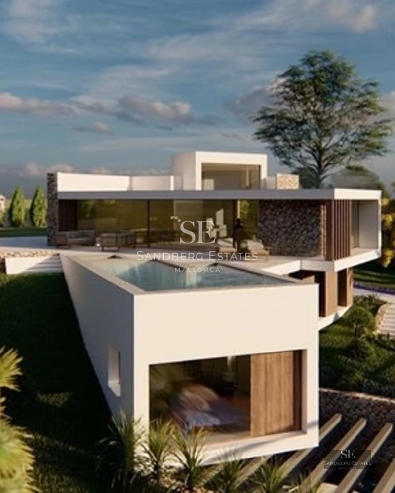 Spacious outdoor area with infinity pool, sun loungers, and unobstructed views. Modern architecture with clean lines and large windows.