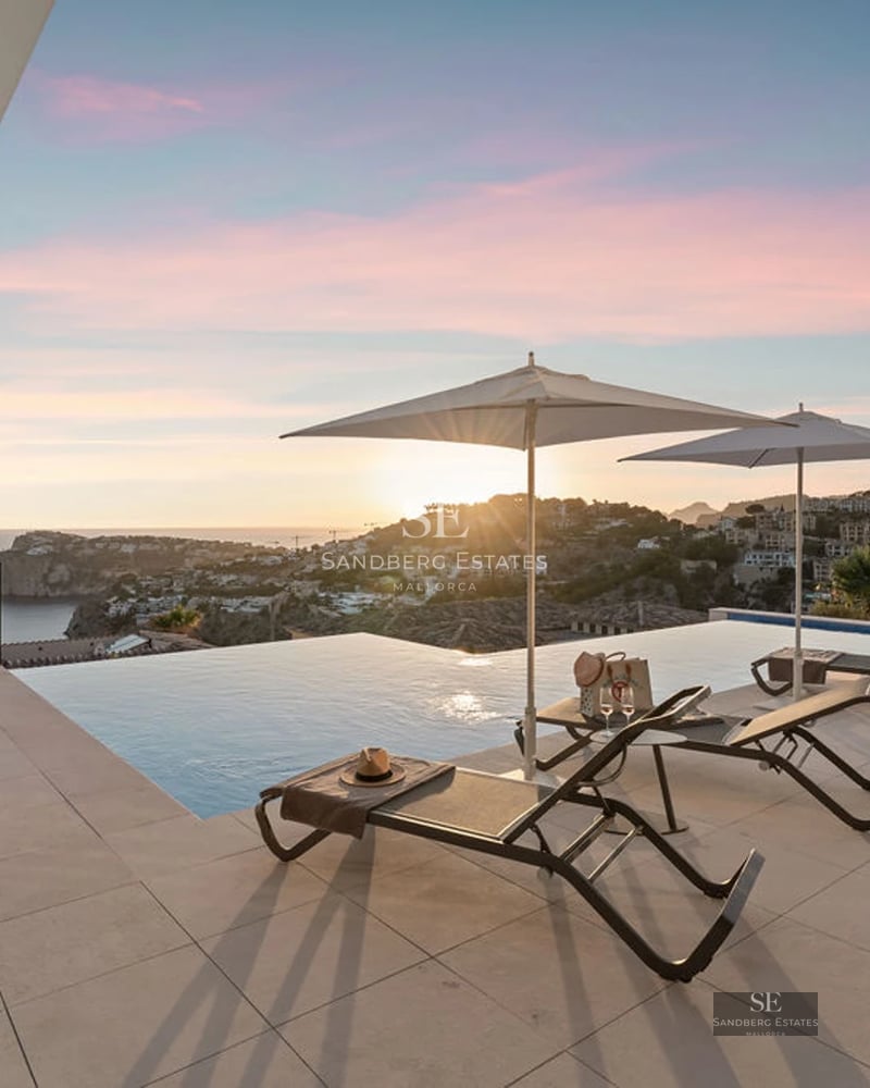 Expansive terrace with infinity pool surrounded by lush garden and modern furniture. Contemporary architecture and panoramic views.