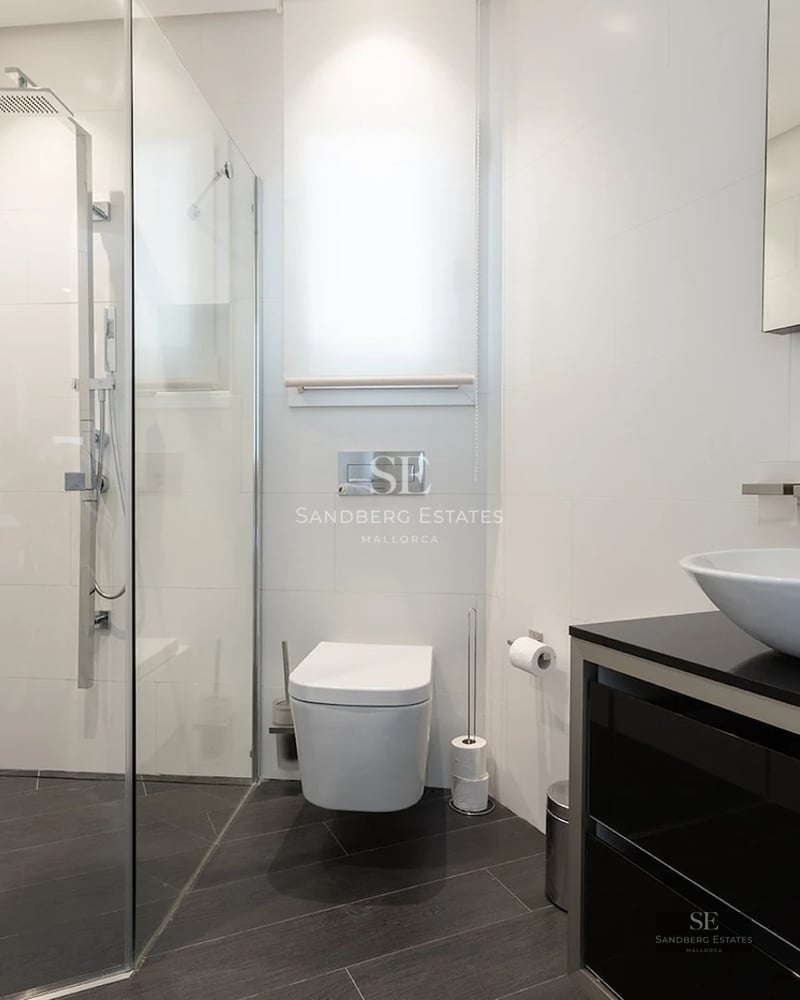 Bright modern bathroom with a glass walk-in shower, wall-mounted toilet, and white vessel sink on a black vanity.