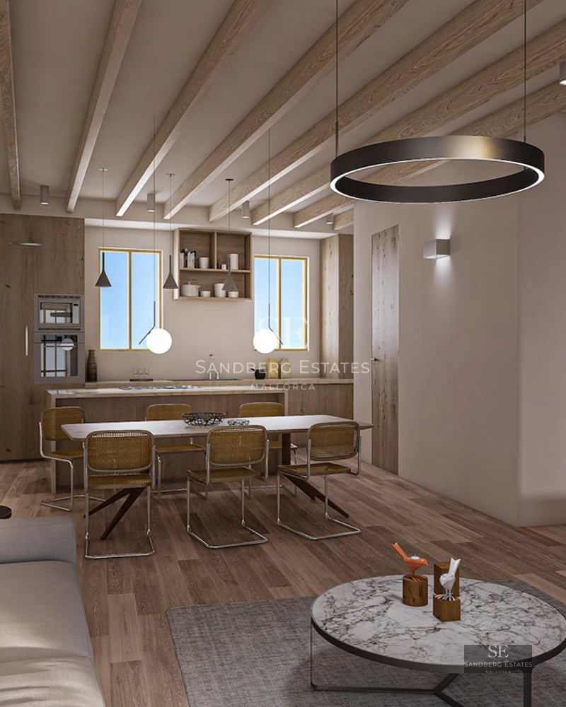 Bright living room with large windows, modern sofas, elegant coffee table and panoramic views. Contemporary design.